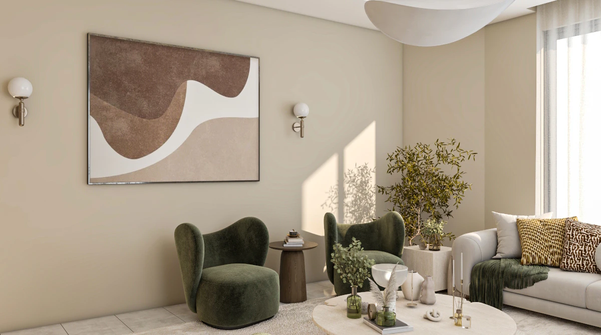 تصميم ذكي وعصري لغرفة معيشة سكنية في الرياض يوضح الإضاءة الدافئة والاستغلال المثالي للمساحات الصغيرة.