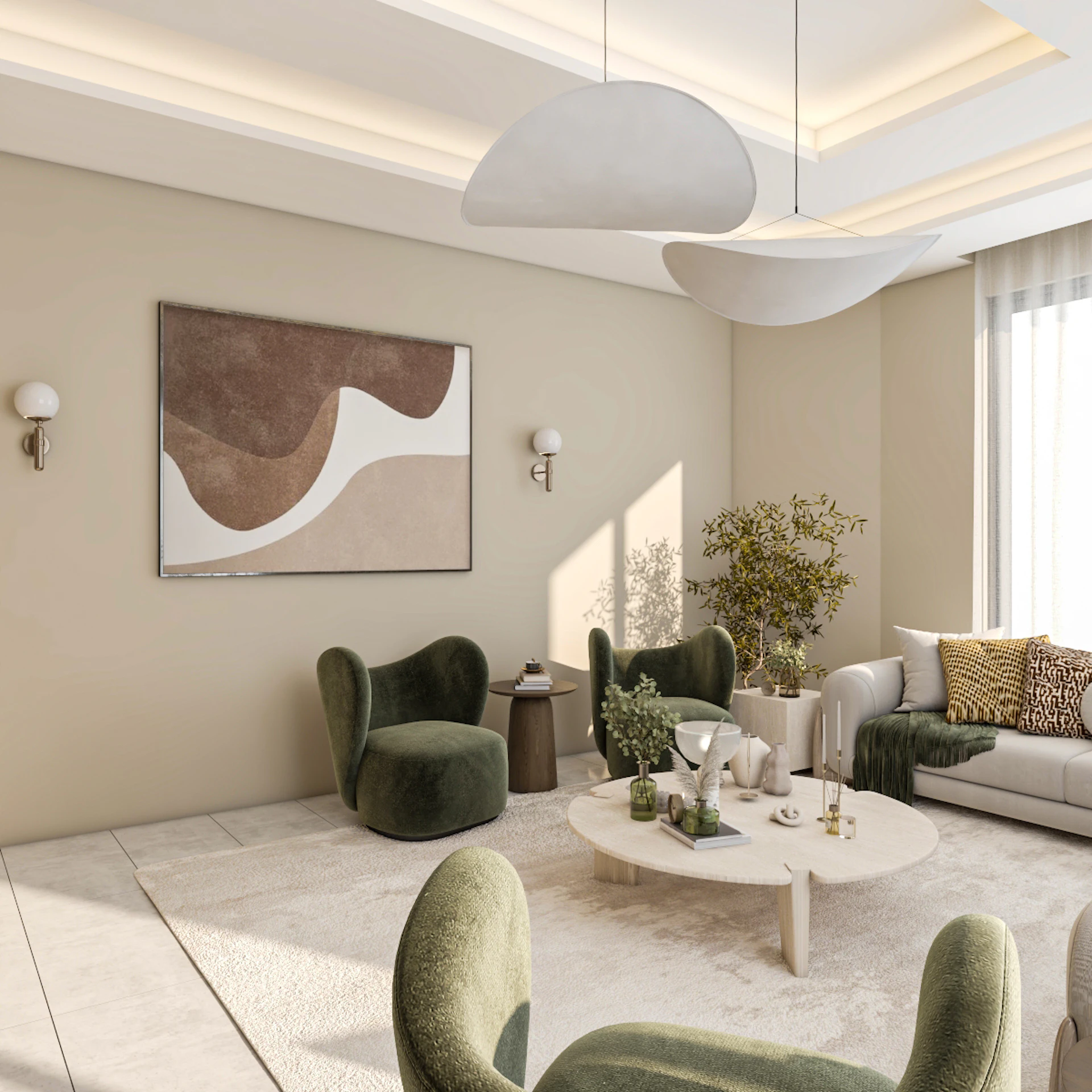 Contemporary residential living room design in Riyadh showcasing warm ambient lighting, sophisticated textures, and a space-saving functional layout.