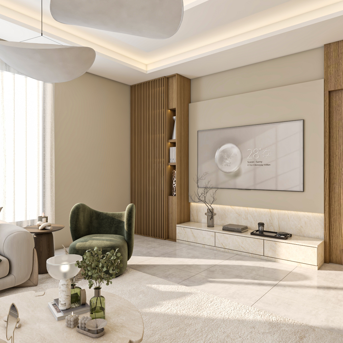 Contemporary residential living room design in Riyadh showcasing warm ambient lighting, sophisticated textures, and a space-saving functional layout.