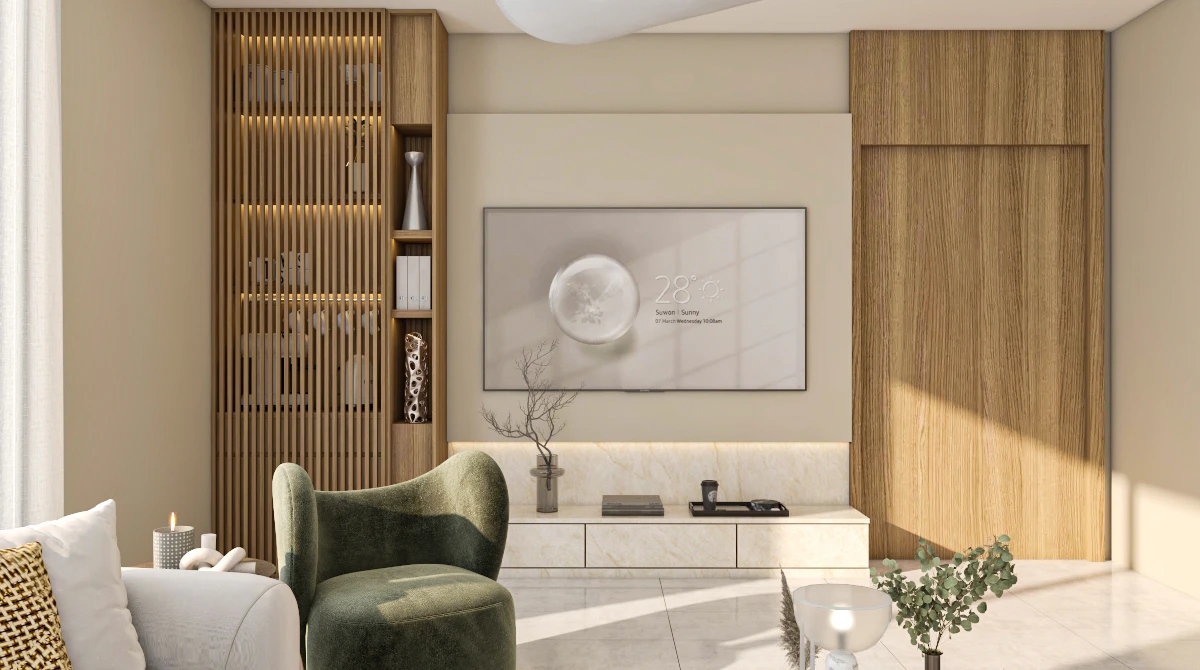 تصميم ذكي وعصري لغرفة معيشة سكنية في الرياض يوضح الإضاءة الدافئة والاستغلال المثالي للمساحات الصغيرة.