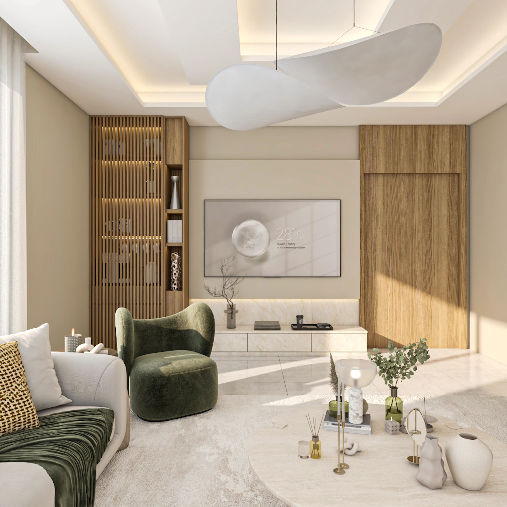 Contemporary residential living room design in Riyadh showcasing warm ambient lighting, sophisticated textures, and a space-saving functional layout.