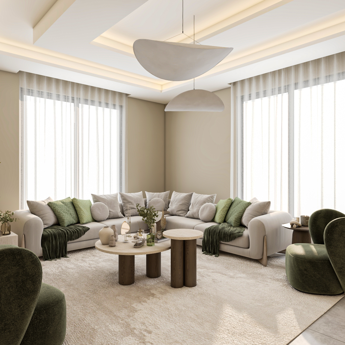 Contemporary residential living room design in Riyadh showcasing warm ambient lighting, sophisticated textures, and a space-saving functional layout.