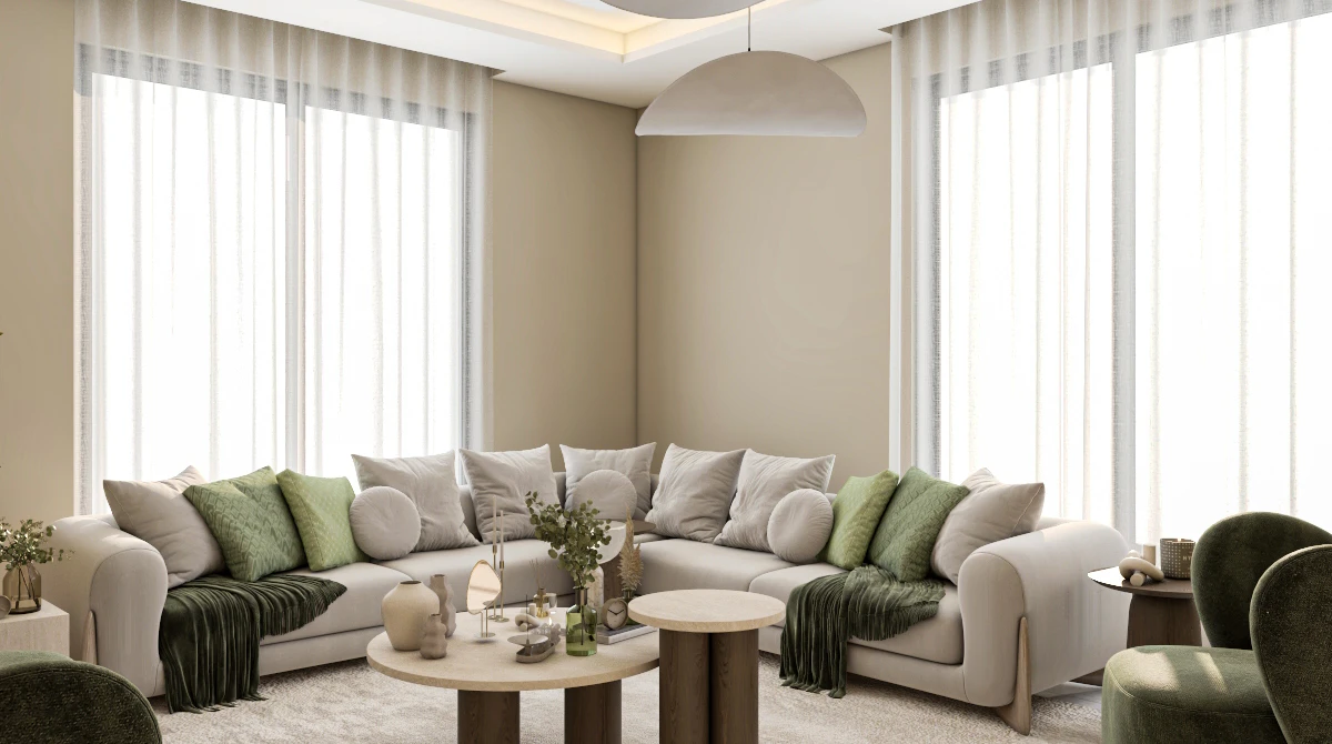 تصميم ذكي وعصري لغرفة معيشة سكنية في الرياض يوضح الإضاءة الدافئة والاستغلال المثالي للمساحات الصغيرة.