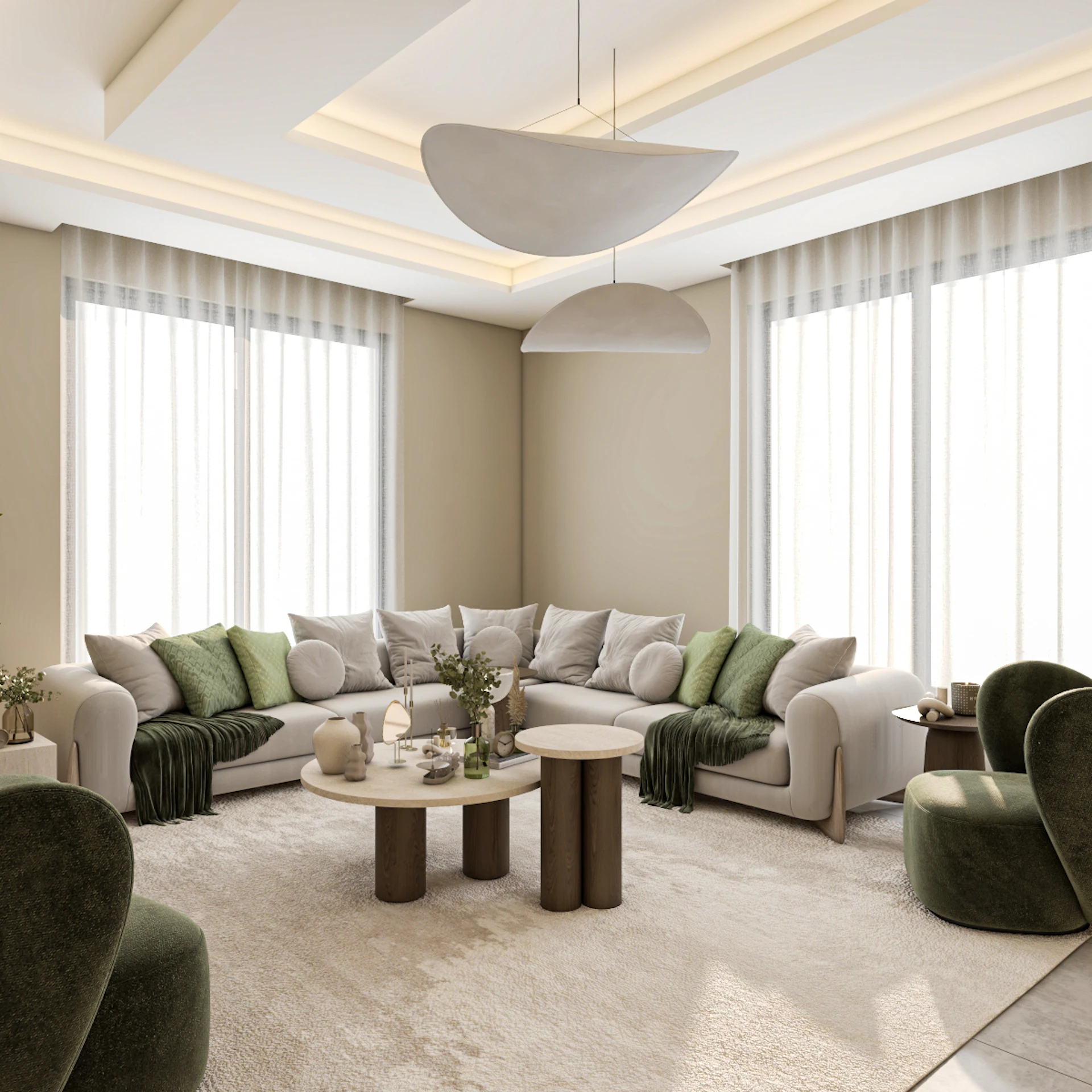 Contemporary residential living room design in Riyadh showcasing warm ambient lighting, sophisticated textures, and a space-saving functional layout.