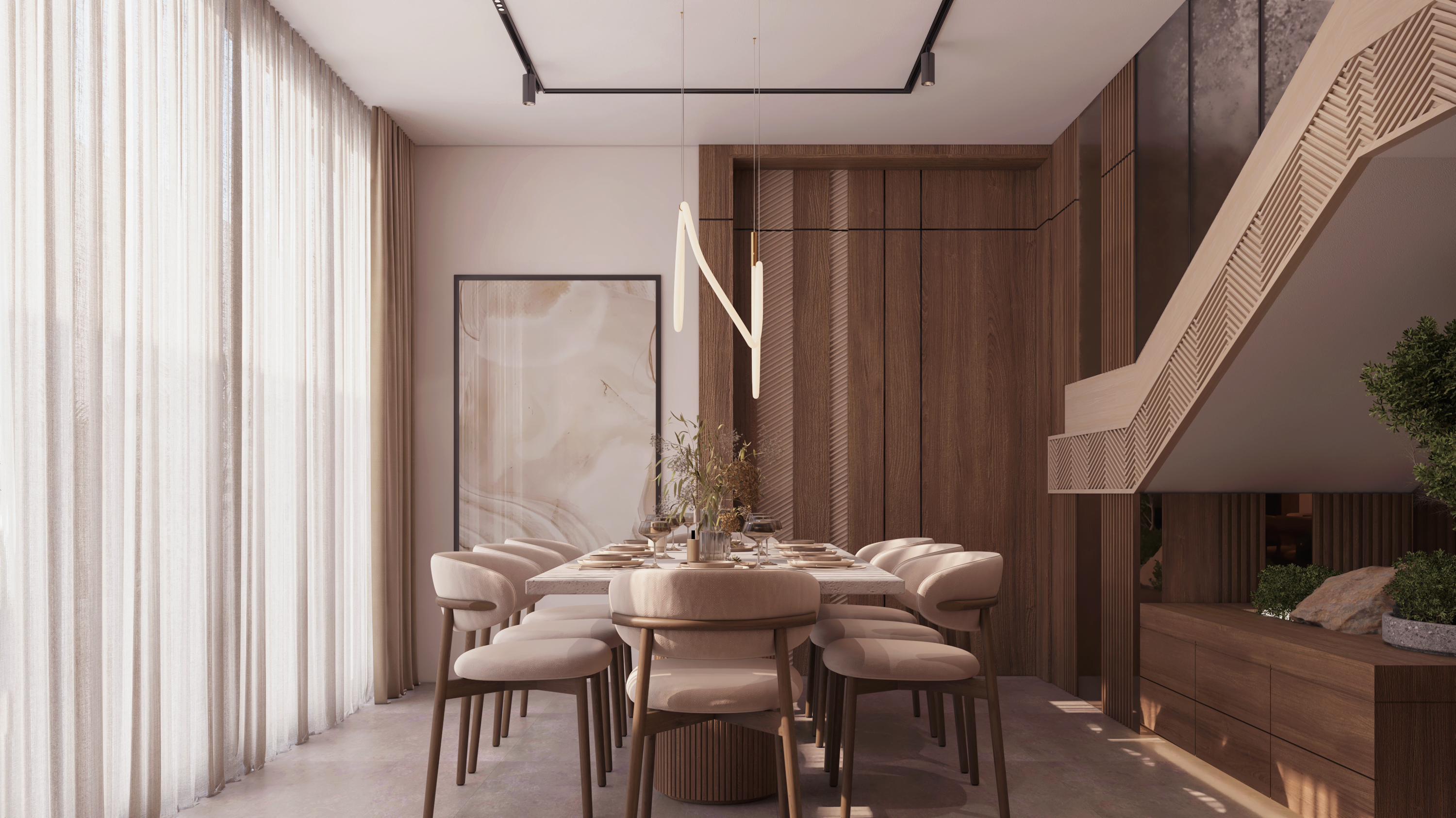 Modern marble dining table setup with contemporary chairs, ambient pendant lighting, and upscale residential decor accents in Riyadh.