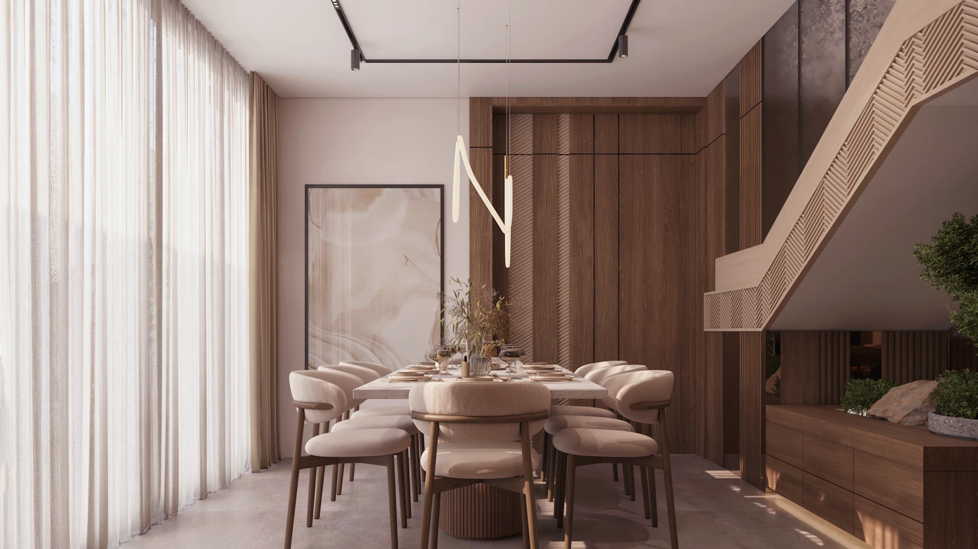 Modern marble dining table setup with contemporary chairs, ambient pendant lighting, and upscale residential decor accents in Riyadh.