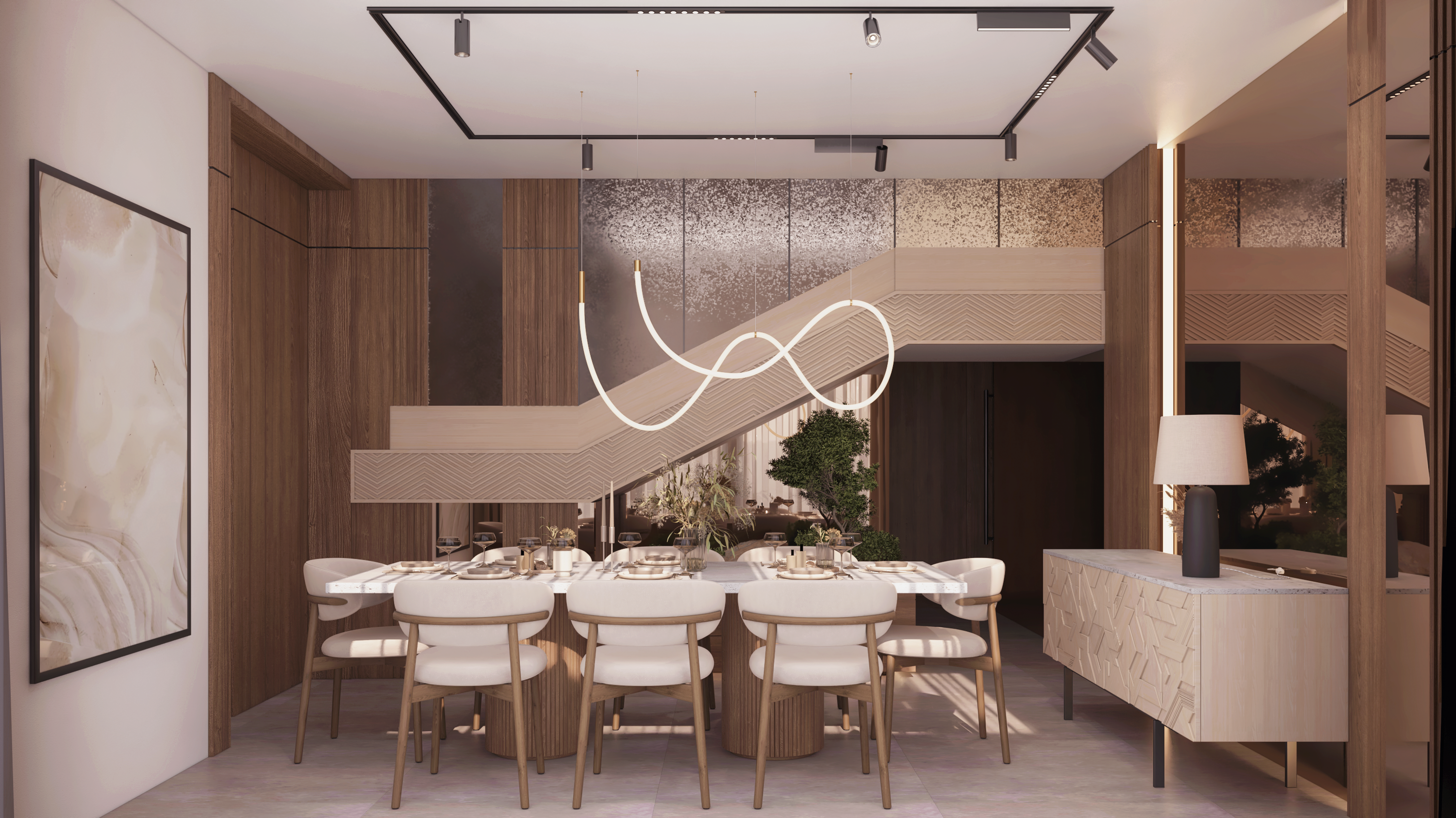 Modern marble dining table setup with contemporary chairs, ambient pendant lighting, and upscale residential decor accents in Riyadh.