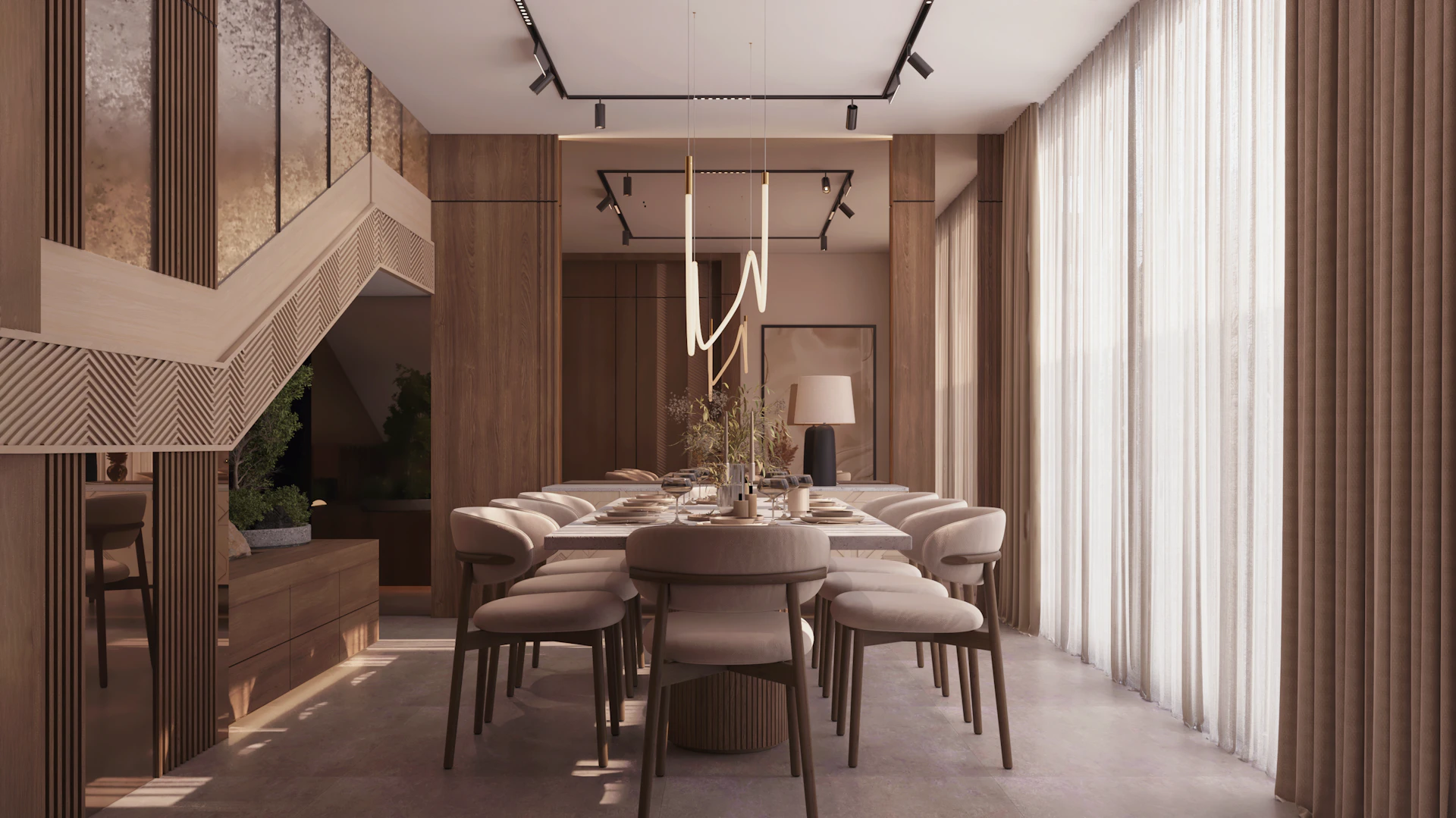 Modern marble dining table setup with contemporary chairs, ambient pendant lighting, and upscale residential decor accents in Riyadh.