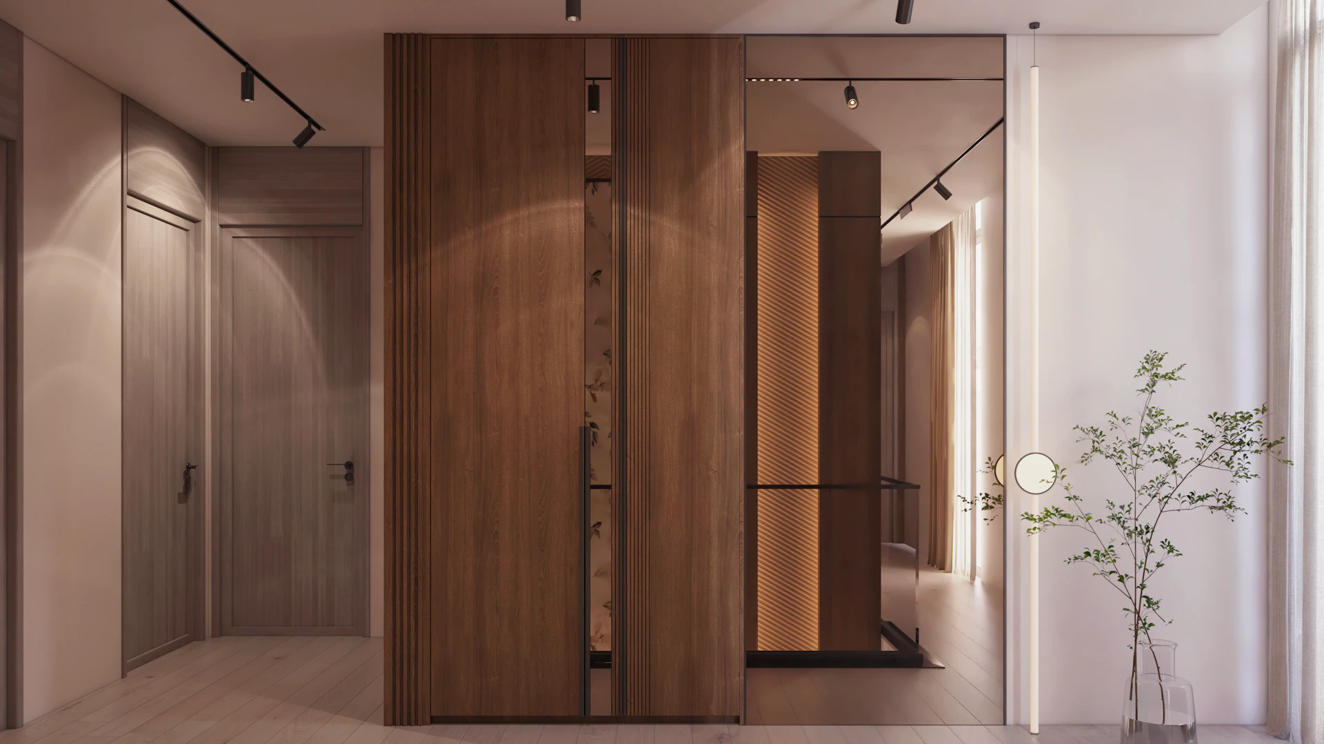 تصميم داخلي مودرن لمجلس ضيوف مع بهو استقبال متصل في الرياض، يتميز بأثاث عصري فاخر وإضاءة مبتكرة