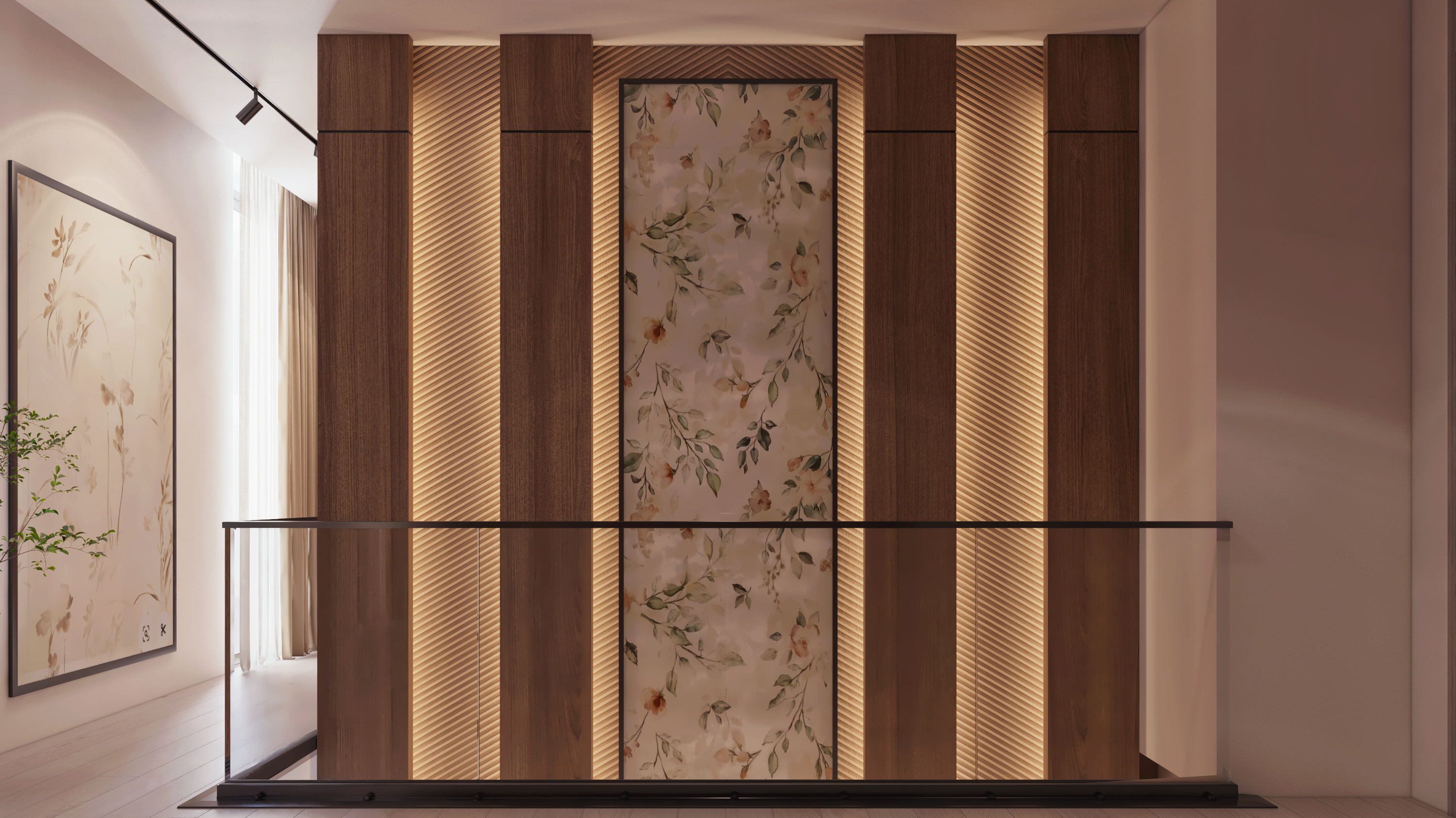 تصميم داخلي مودرن لمجلس ضيوف مع بهو استقبال متصل في الرياض، يتميز بأثاث عصري فاخر وإضاءة مبتكرة