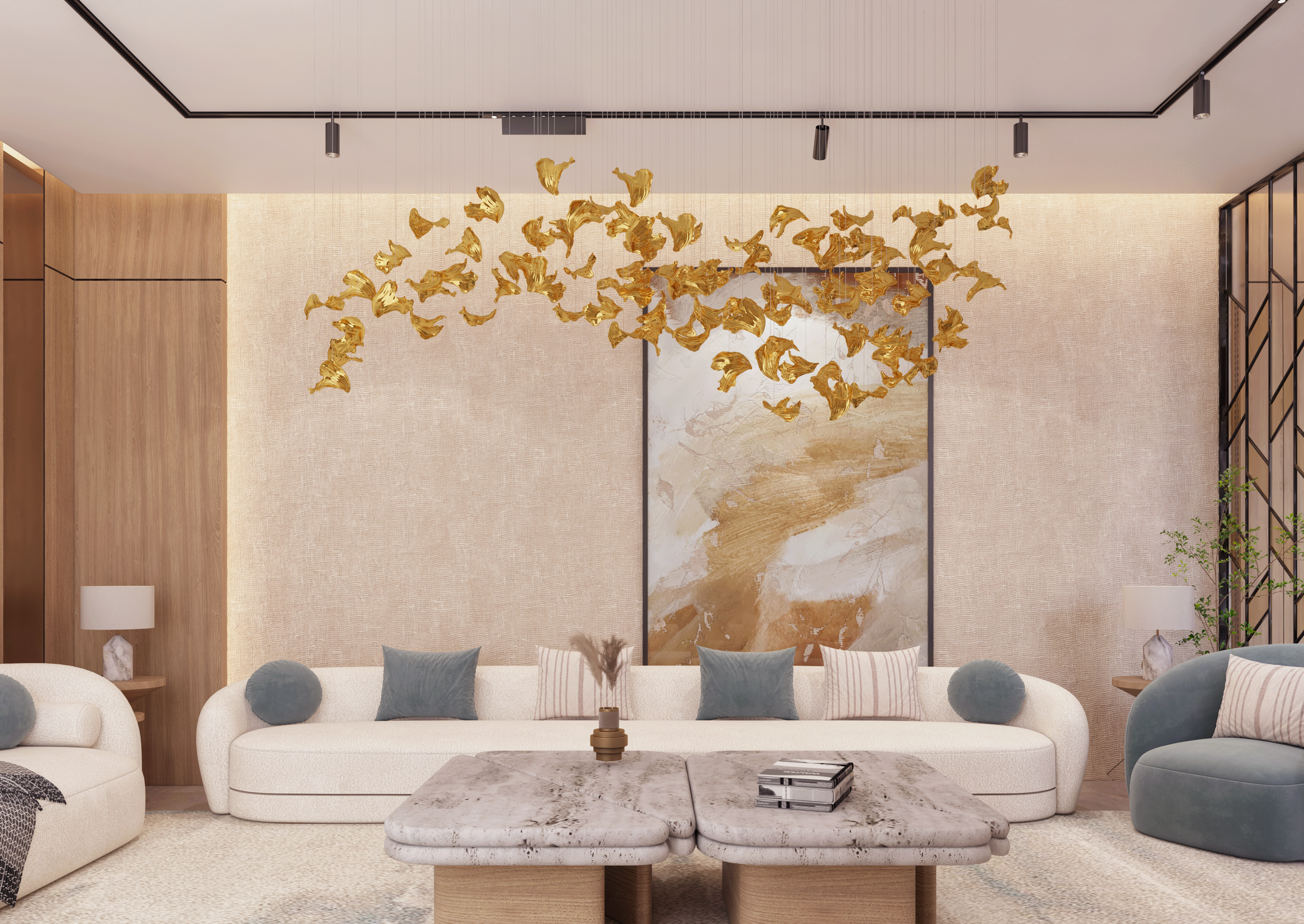 تصميم داخلي مودرن لمجلس ضيوف مع بهو استقبال متصل في الرياض، يتميز بأثاث عصري فاخر وإضاءة مبتكرة.