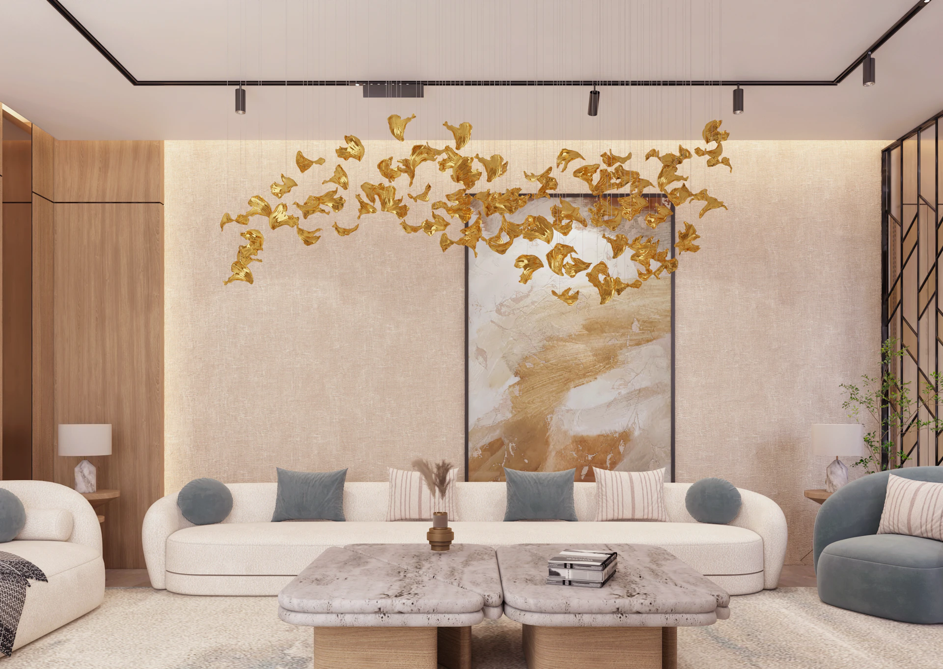 تصميم داخلي مودرن لمجلس ضيوف مع بهو استقبال متصل في الرياض، يتميز بأثاث عصري فاخر وإضاءة مبتكرة.