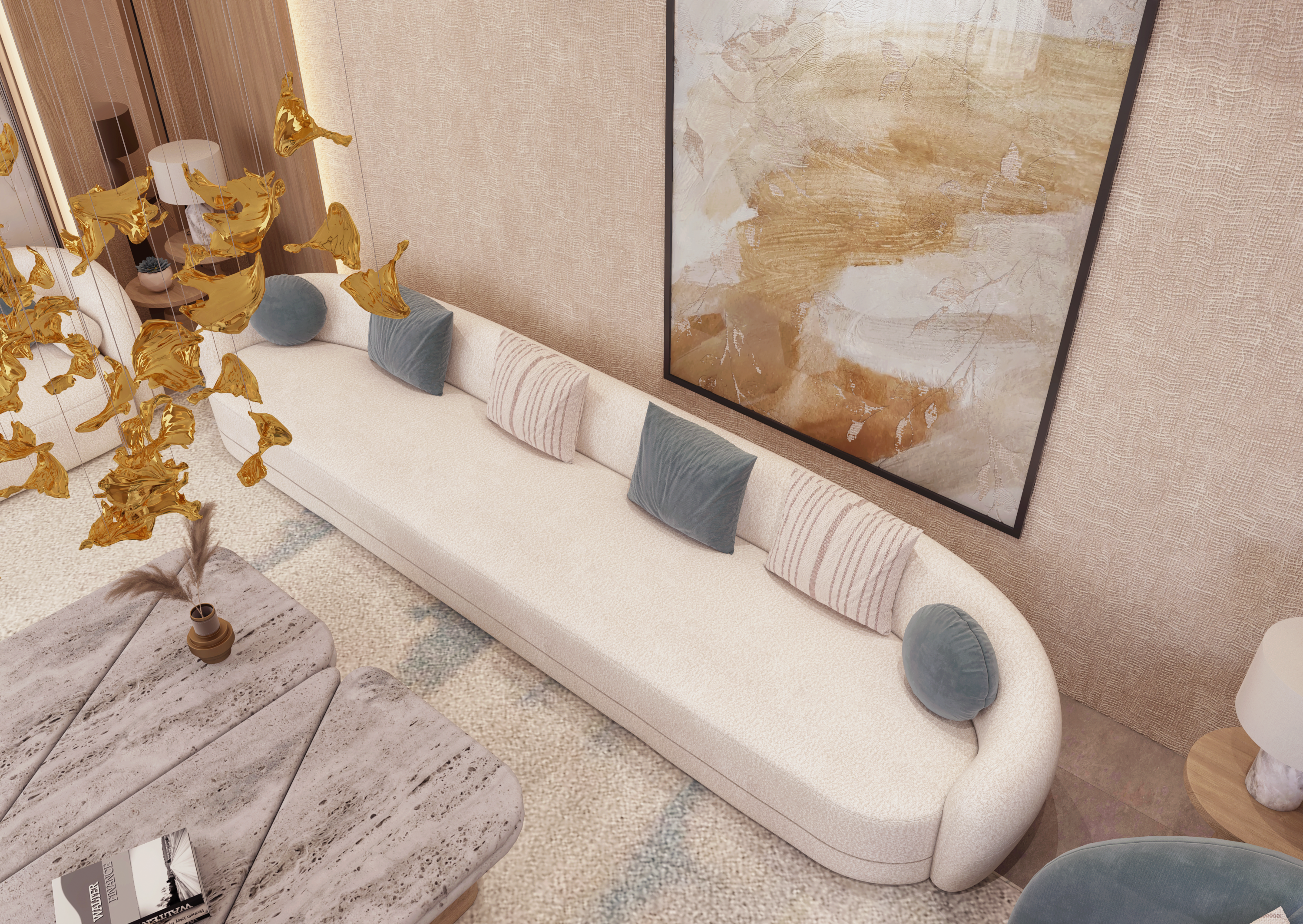 تصميم داخلي مودرن لمجلس ضيوف مع بهو استقبال متصل في الرياض، يتميز بأثاث عصري فاخر وإضاءة مبتكرة.