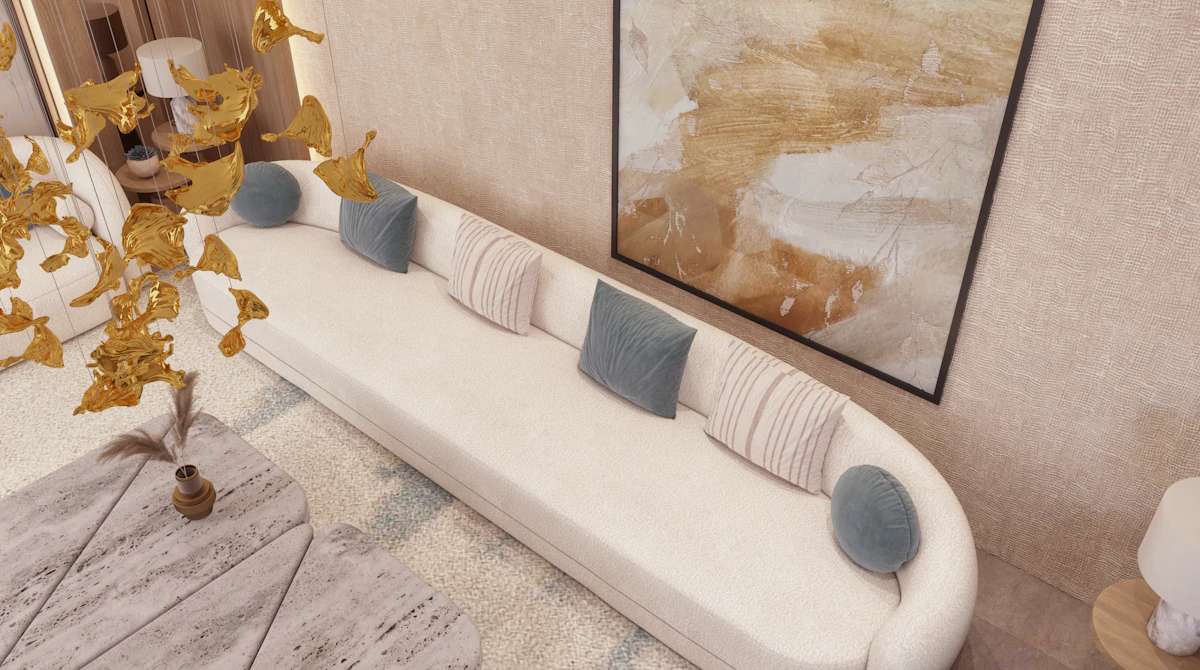 تصميم داخلي مودرن لمجلس ضيوف مع بهو استقبال متصل في الرياض، يتميز بأثاث عصري فاخر وإضاءة مبتكرة.