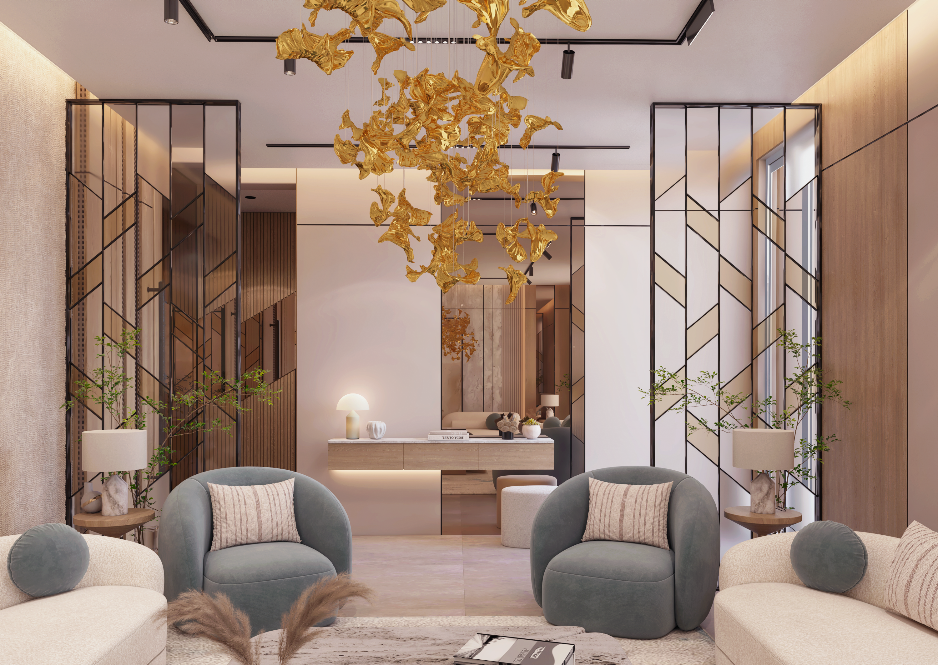 تصميم داخلي مودرن لمجلس ضيوف مع بهو استقبال متصل في الرياض، يتميز بأثاث عصري فاخر وإضاءة مبتكرة.