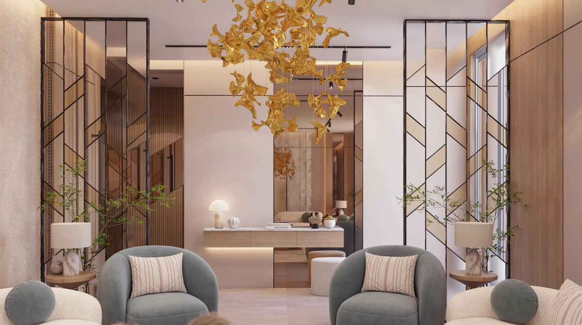 تصميم داخلي مودرن لمجلس ضيوف مع بهو استقبال متصل في الرياض، يتميز بأثاث عصري فاخر وإضاءة مبتكرة.