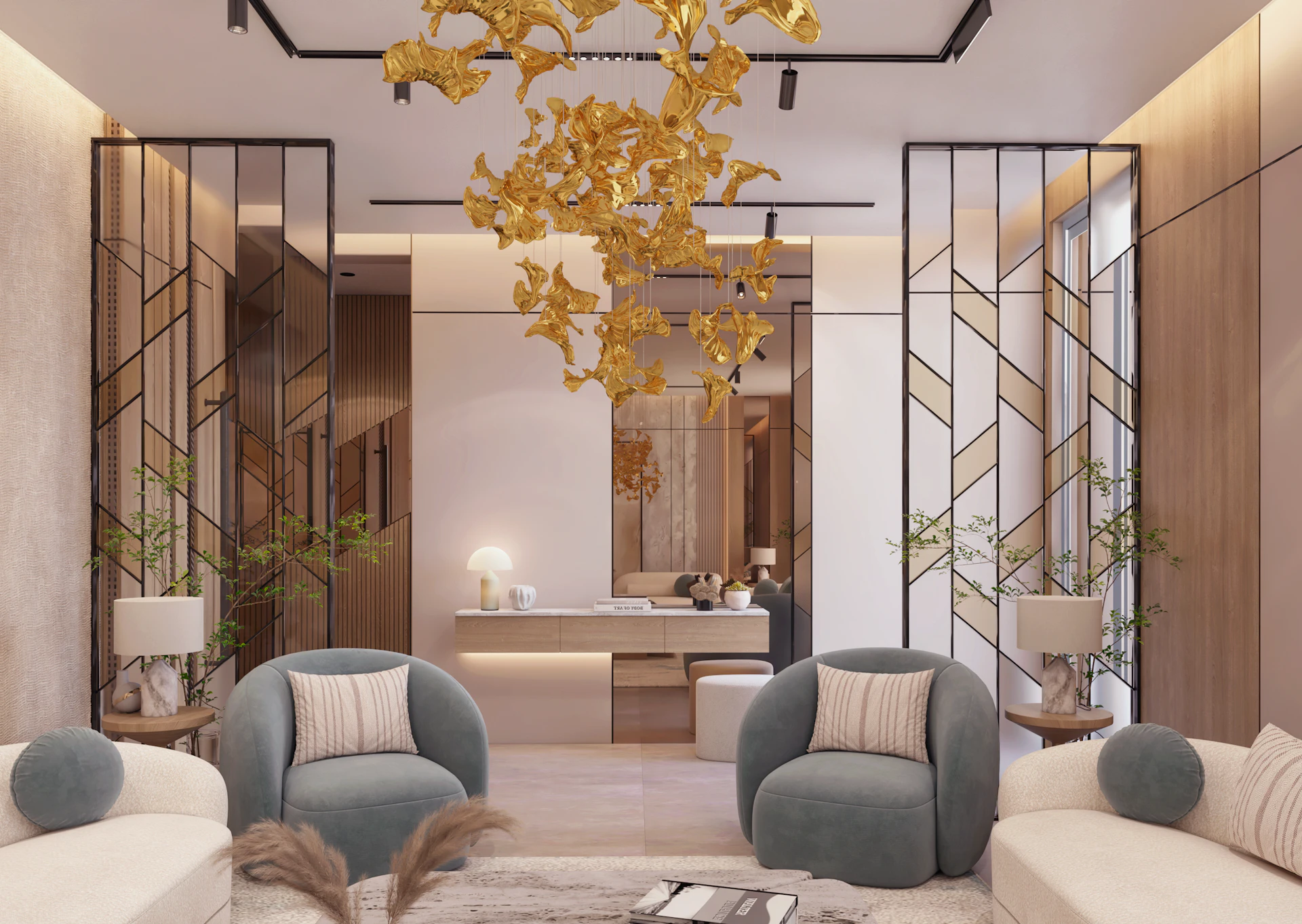 تصميم داخلي مودرن لمجلس ضيوف مع بهو استقبال متصل في الرياض، يتميز بأثاث عصري فاخر وإضاءة مبتكرة.