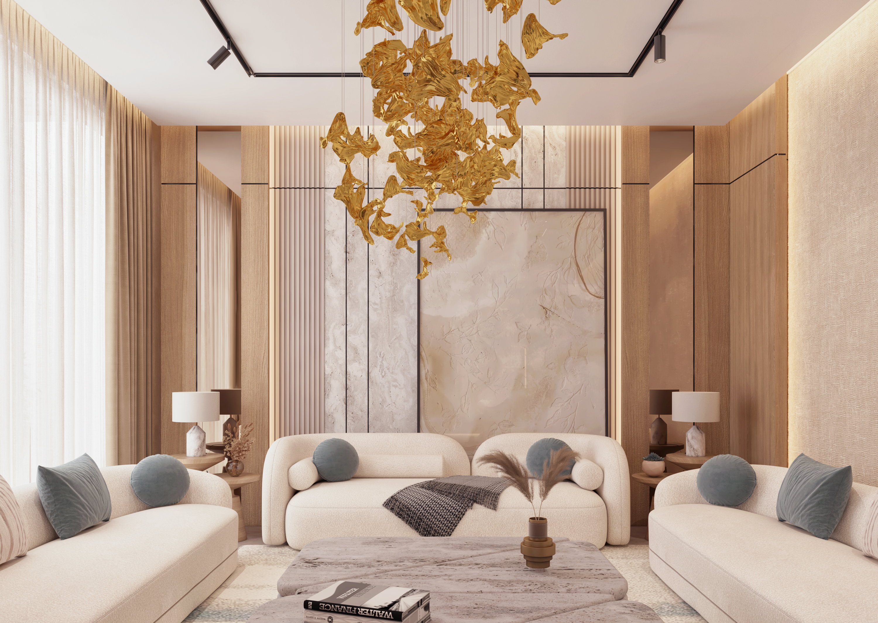 تصميم داخلي مودرن لمجلس ضيوف مع بهو استقبال متصل في الرياض، يتميز بأثاث عصري فاخر وإضاءة مبتكرة