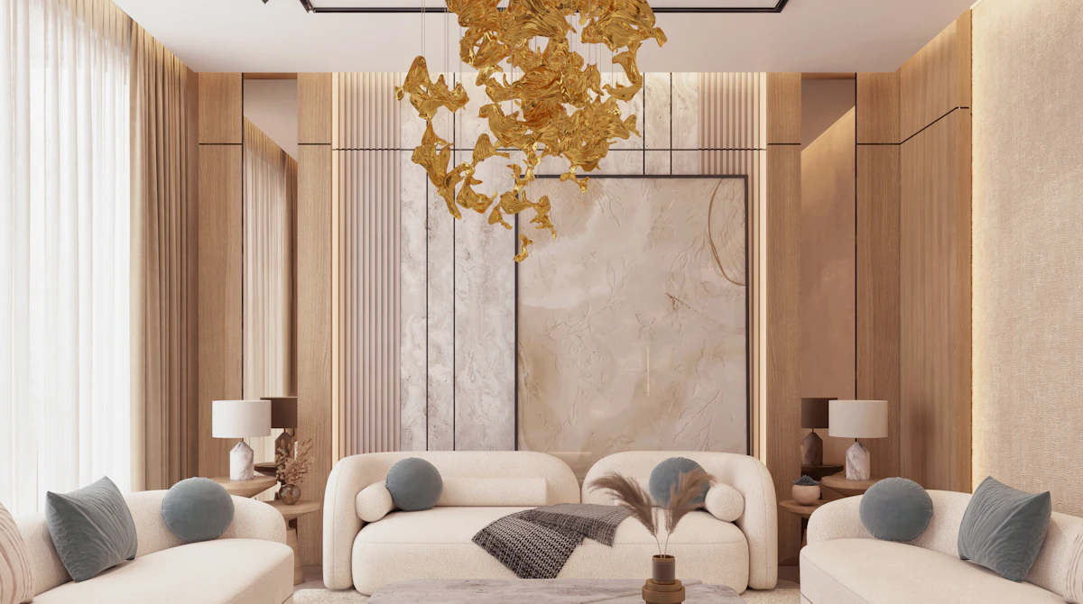 تصميم داخلي مودرن لمجلس ضيوف مع بهو استقبال متصل في الرياض، يتميز بأثاث عصري فاخر وإضاءة مبتكرة