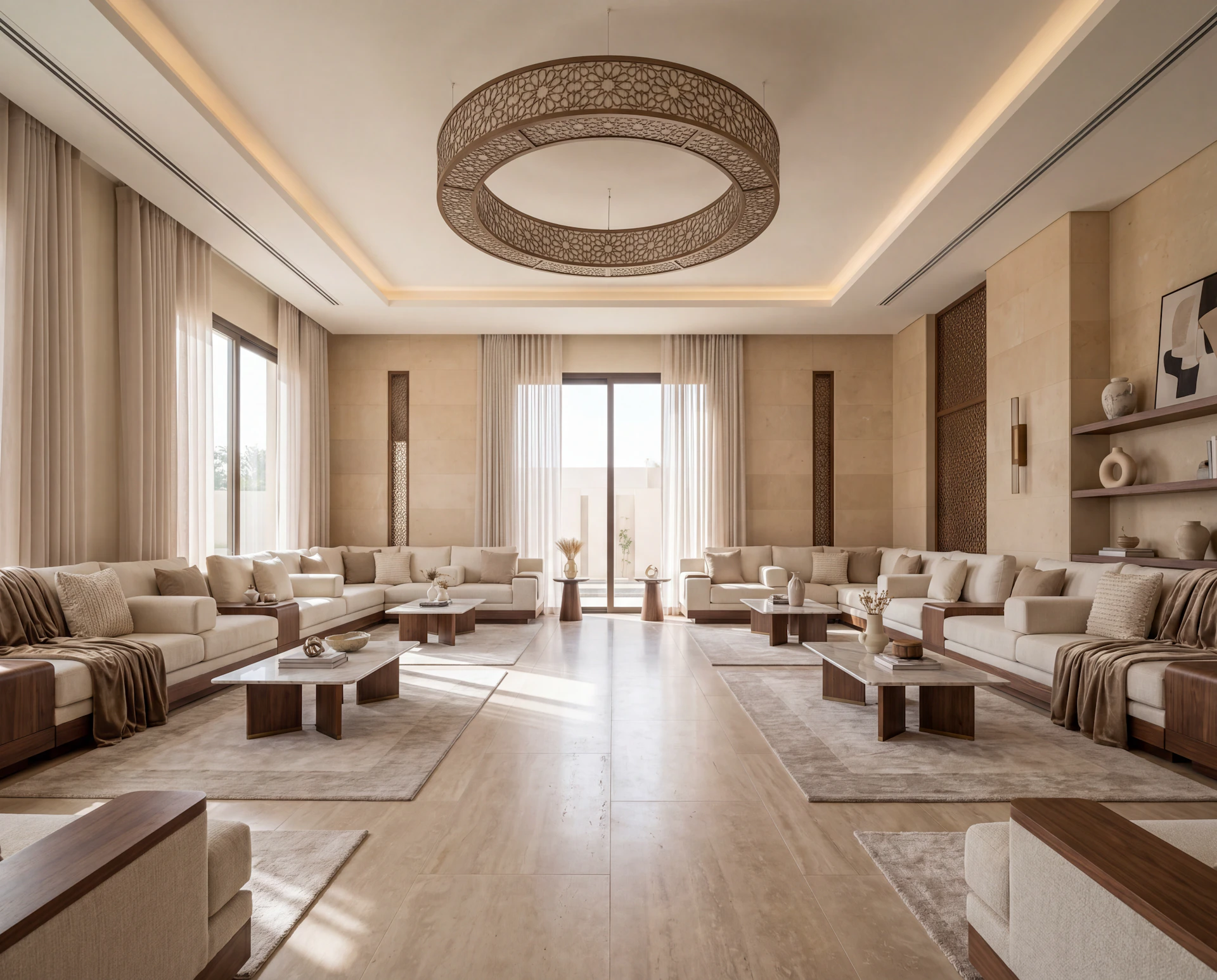 Modern residential majlis with neutral tones, beige and wood finishes, a statement chandelier, large windows, and spacious seating for large family or friends gatherings