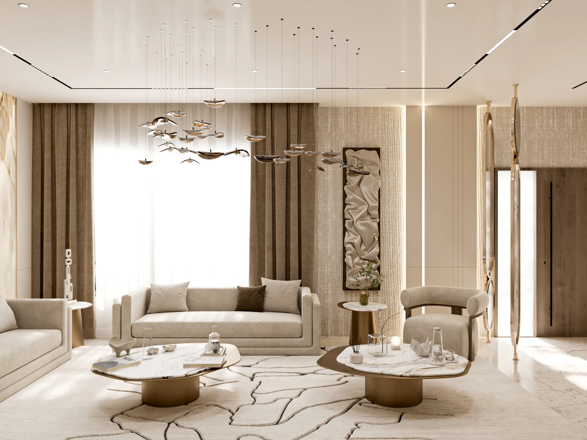 Spacious New Classic majlis design featuring timeless finishes and soft neutral tone