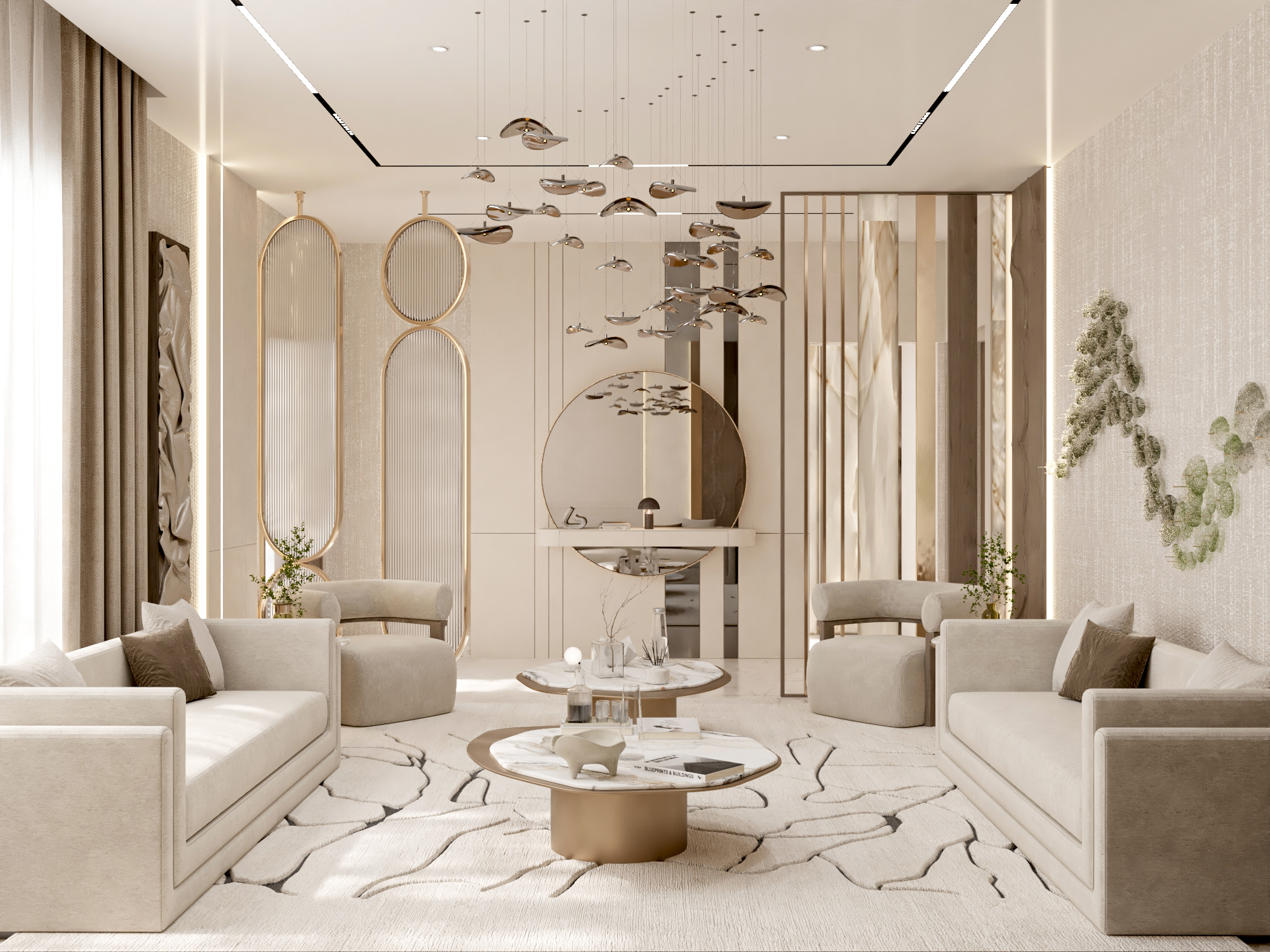 Premium New Classic living majlis with decorative wall mouldings and luxury materials