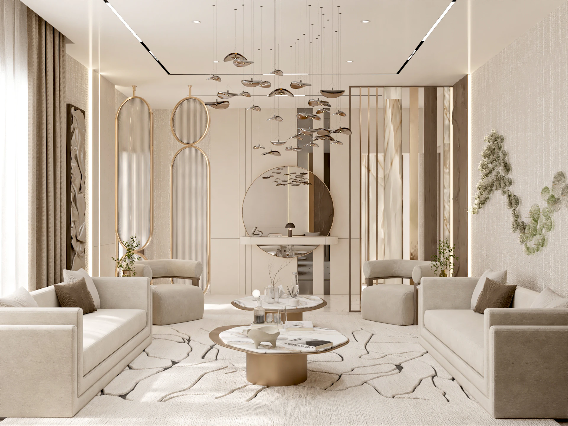 Premium New Classic living majlis with decorative wall mouldings and luxury materials