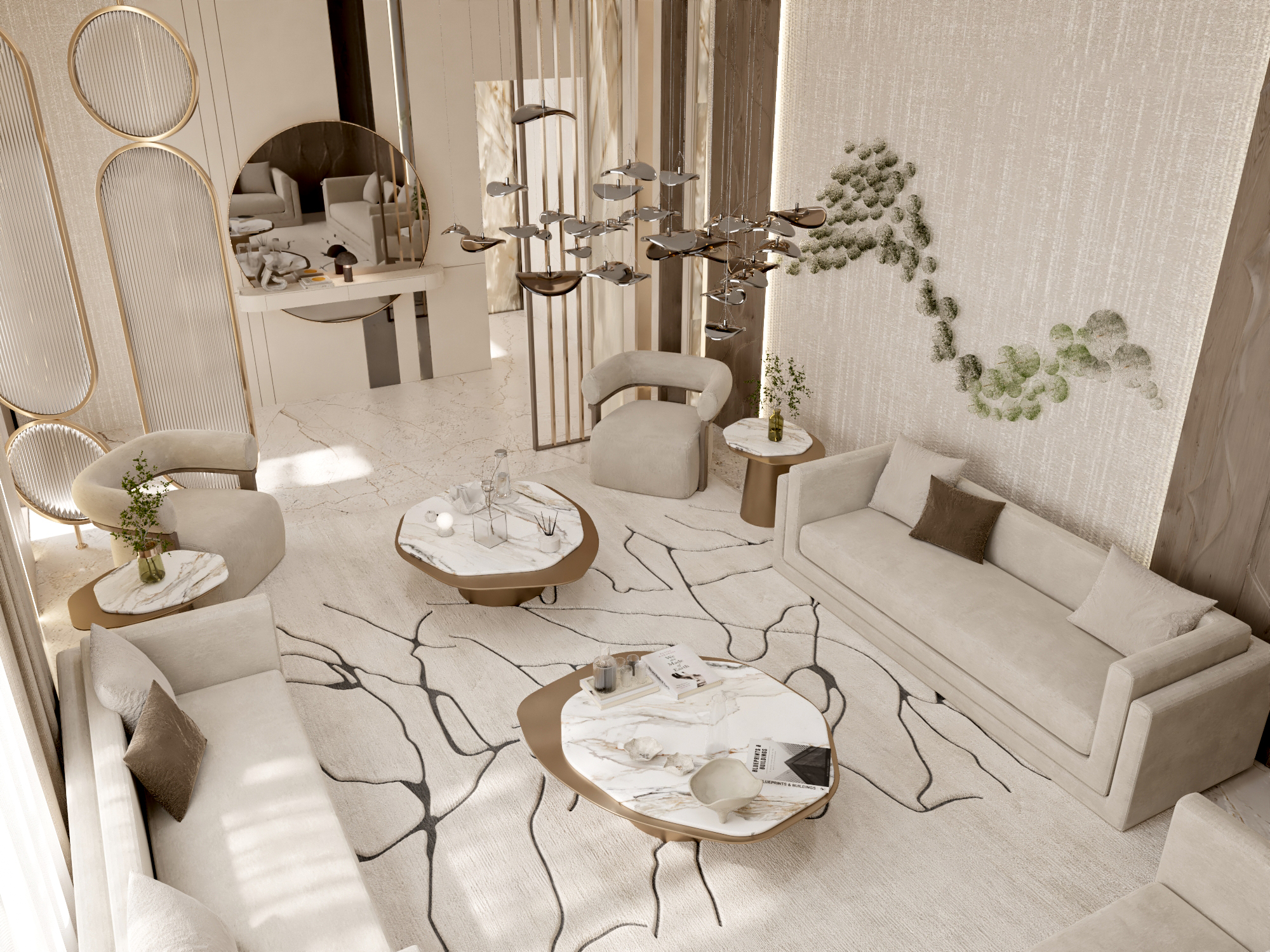 Detailed New Classic majlis interior with layered textures and warm lighting