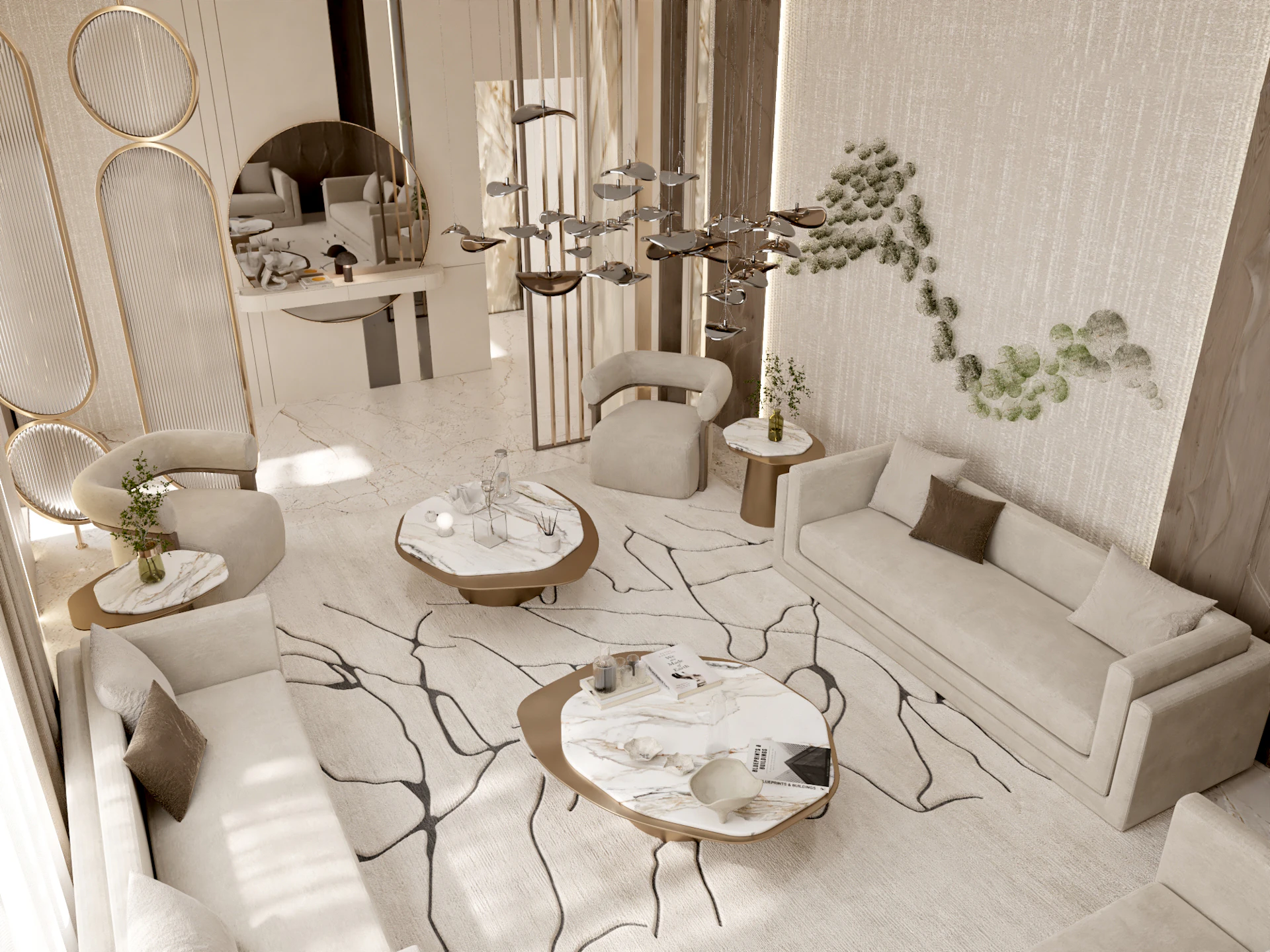 Detailed New Classic majlis interior with layered textures and warm lighting
