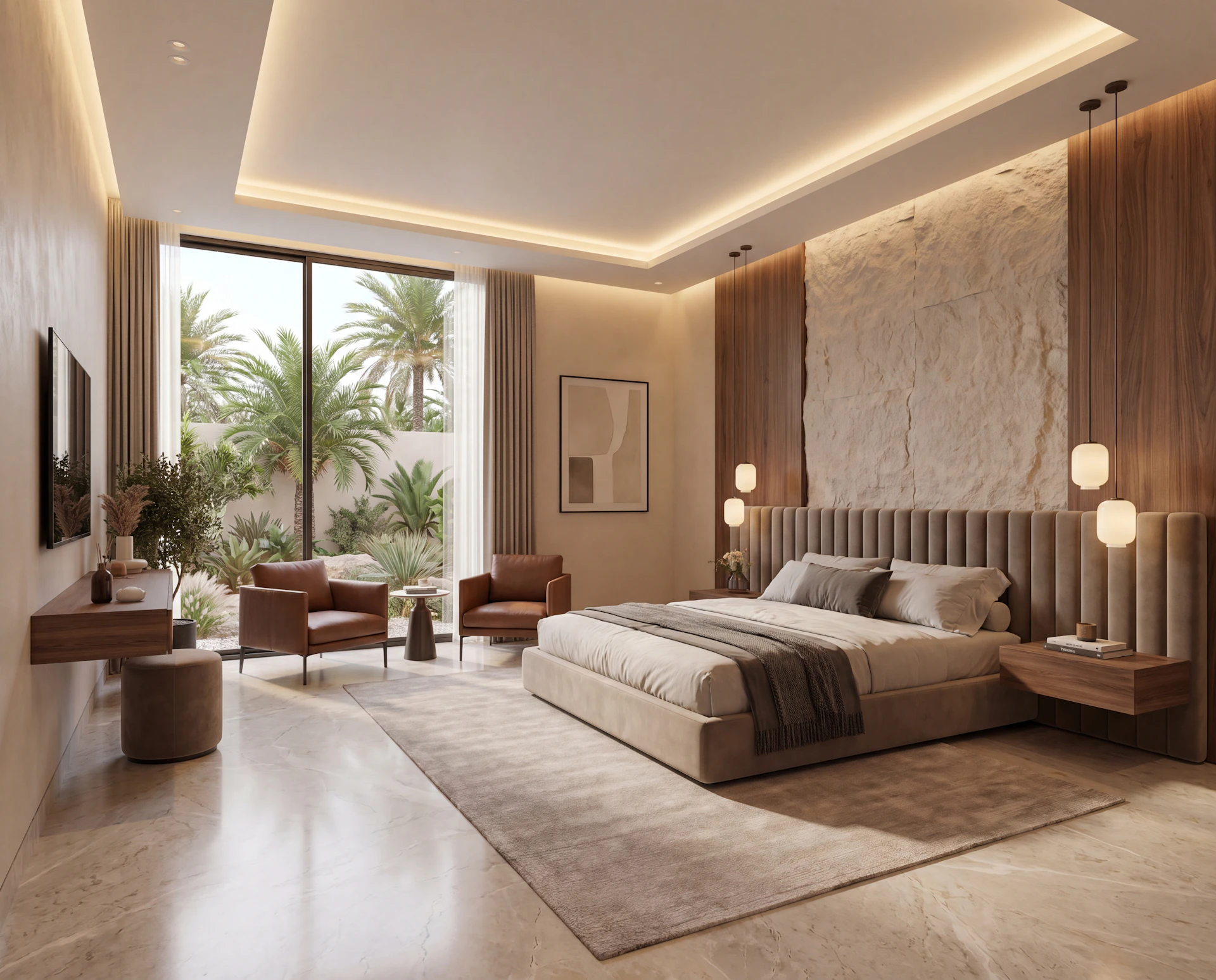 Luxurious modern bedroom featuring a plush upholstered bed with beige bedding, flanked by pendant lights, against a stone accent wall, with large windows offering a view of tropical palm trees and natural light illuminating the warm wood and marble finishes.