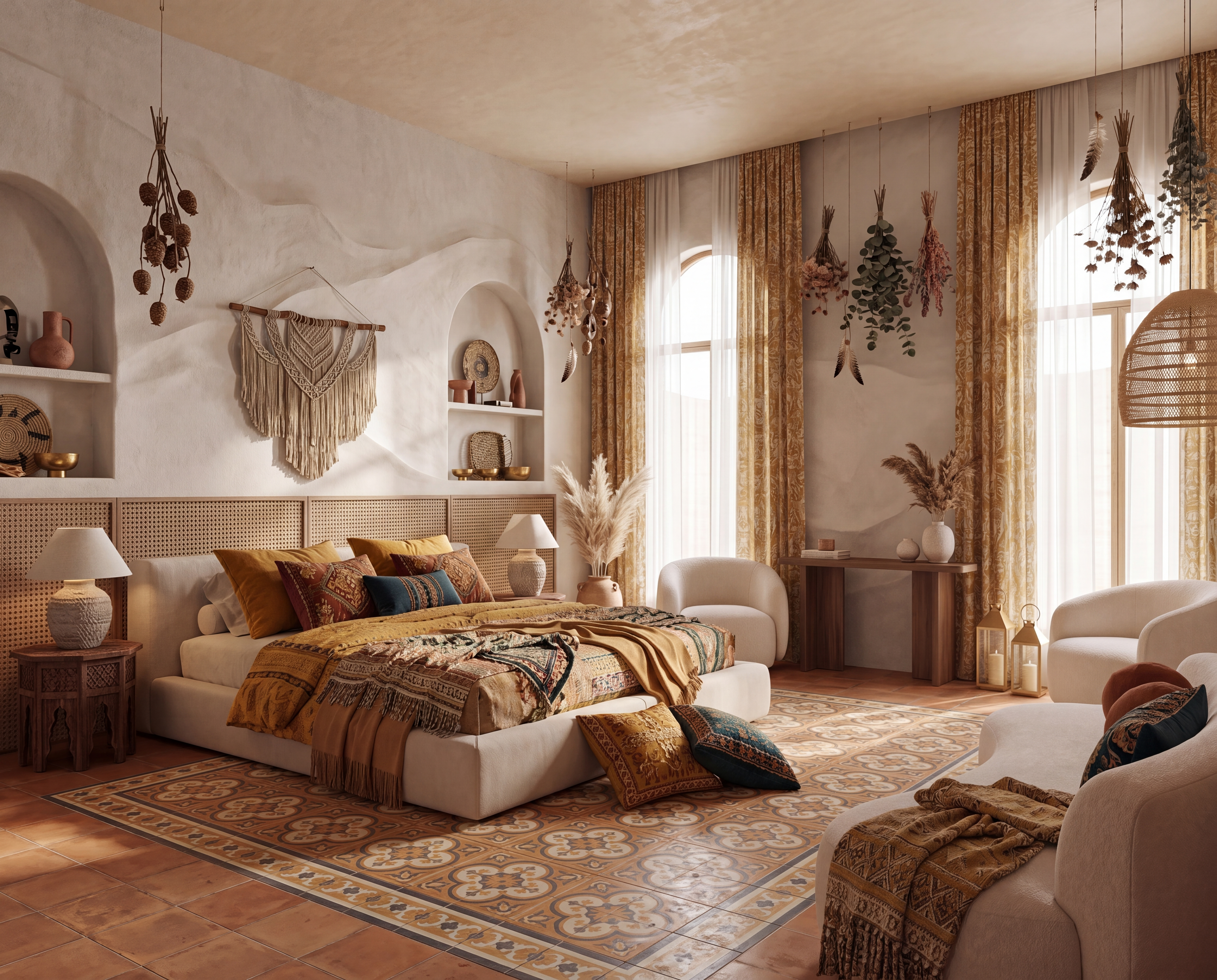 bohemian bedroom layered textures earthy