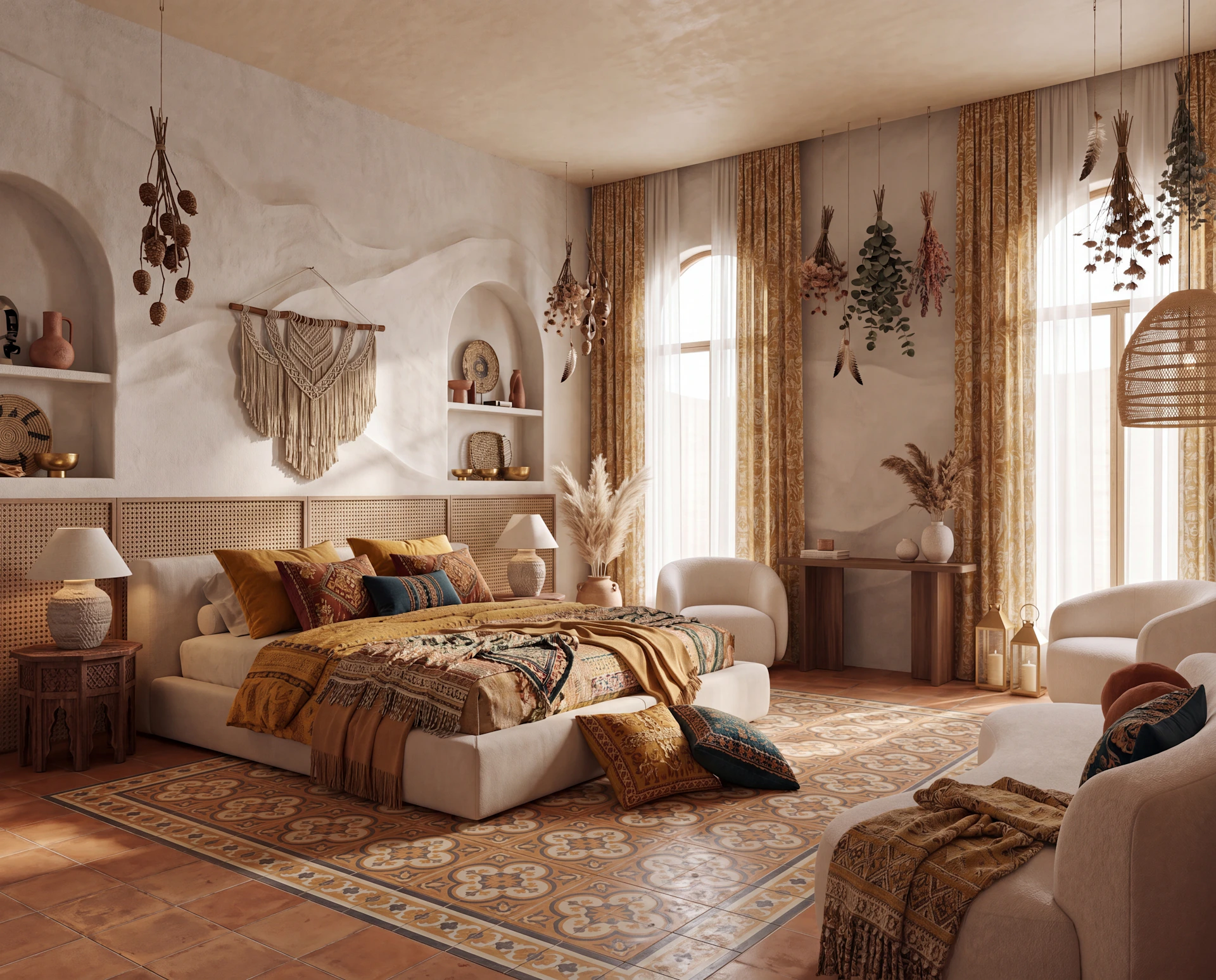 bohemian bedroom layered textures earthy