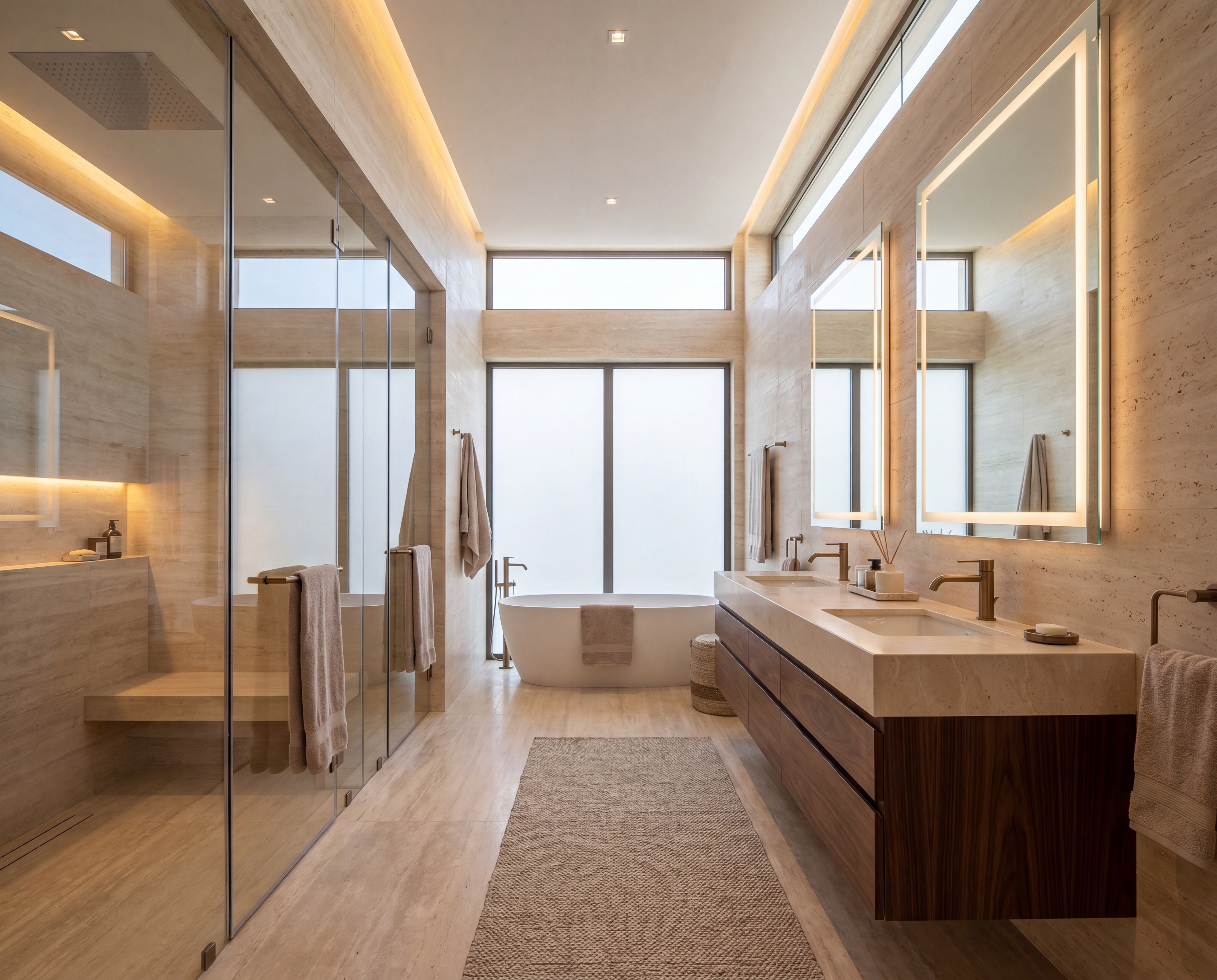 Luxurious modern bathroom featuring large frameless glass shower, freestanding bathtub, double sink vanity with illuminated mirrors, and warm wood accents bathed in natural light.
