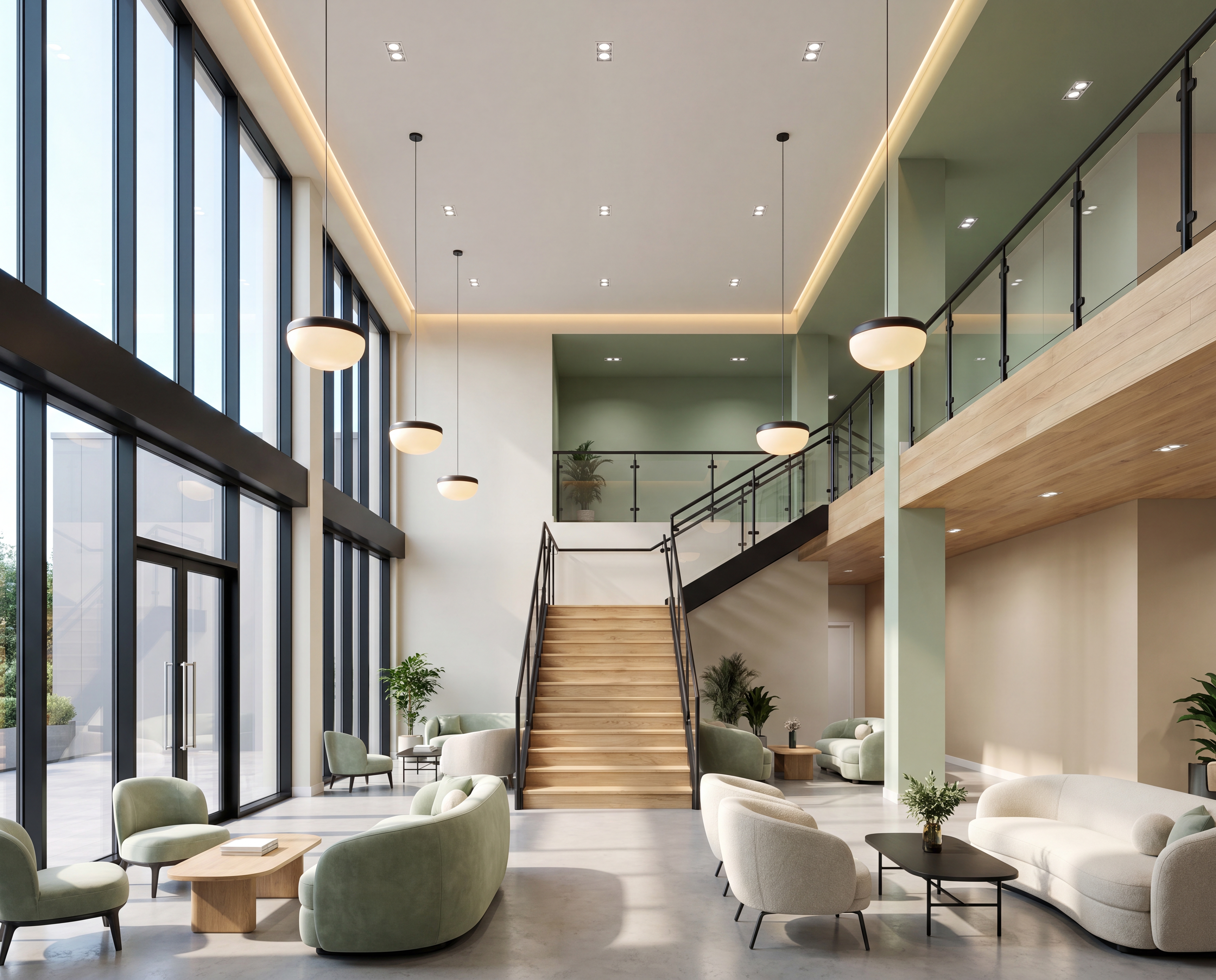 green wood steel commercial interior space lobby office