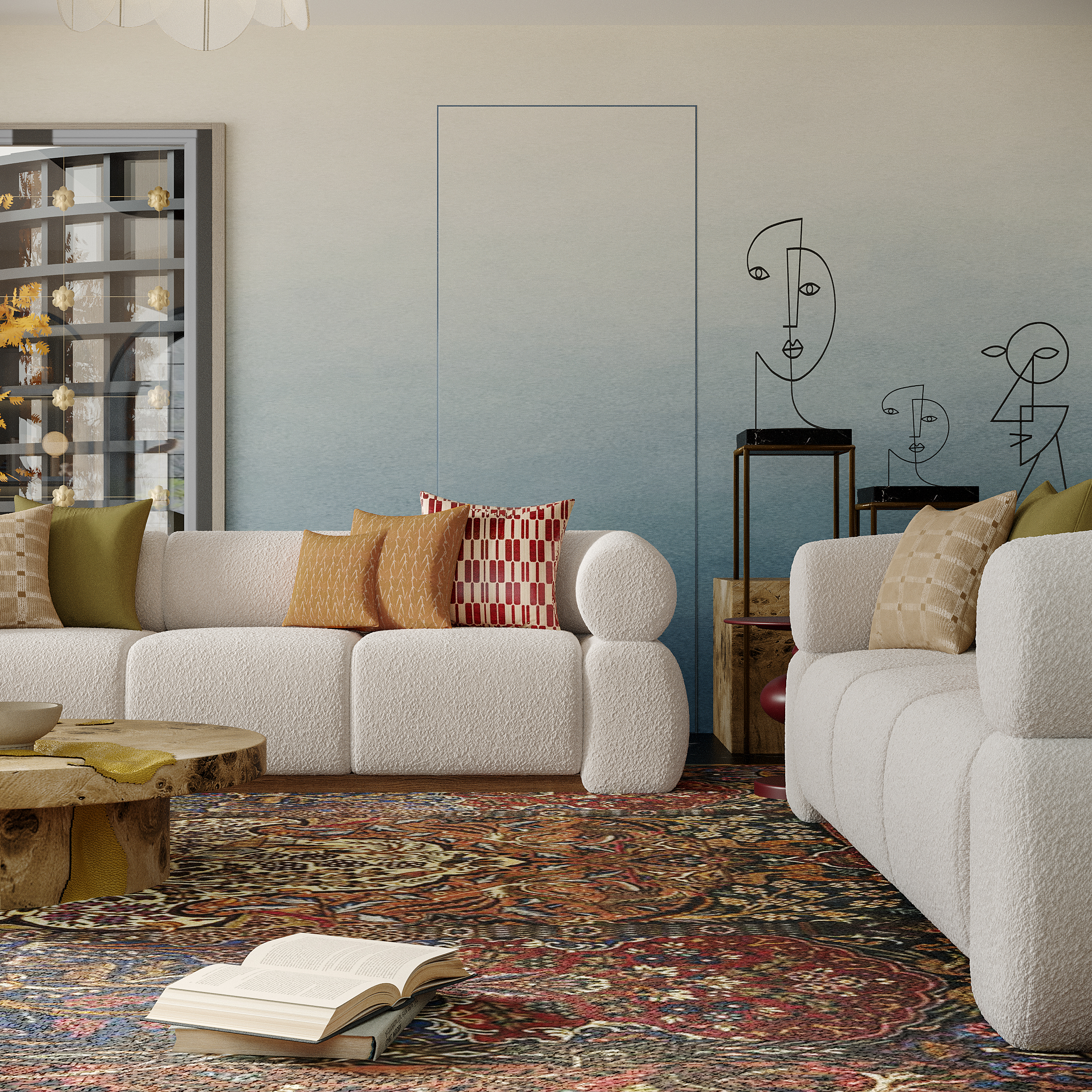 Refined retro majlis showcasing natural materials and soft tones