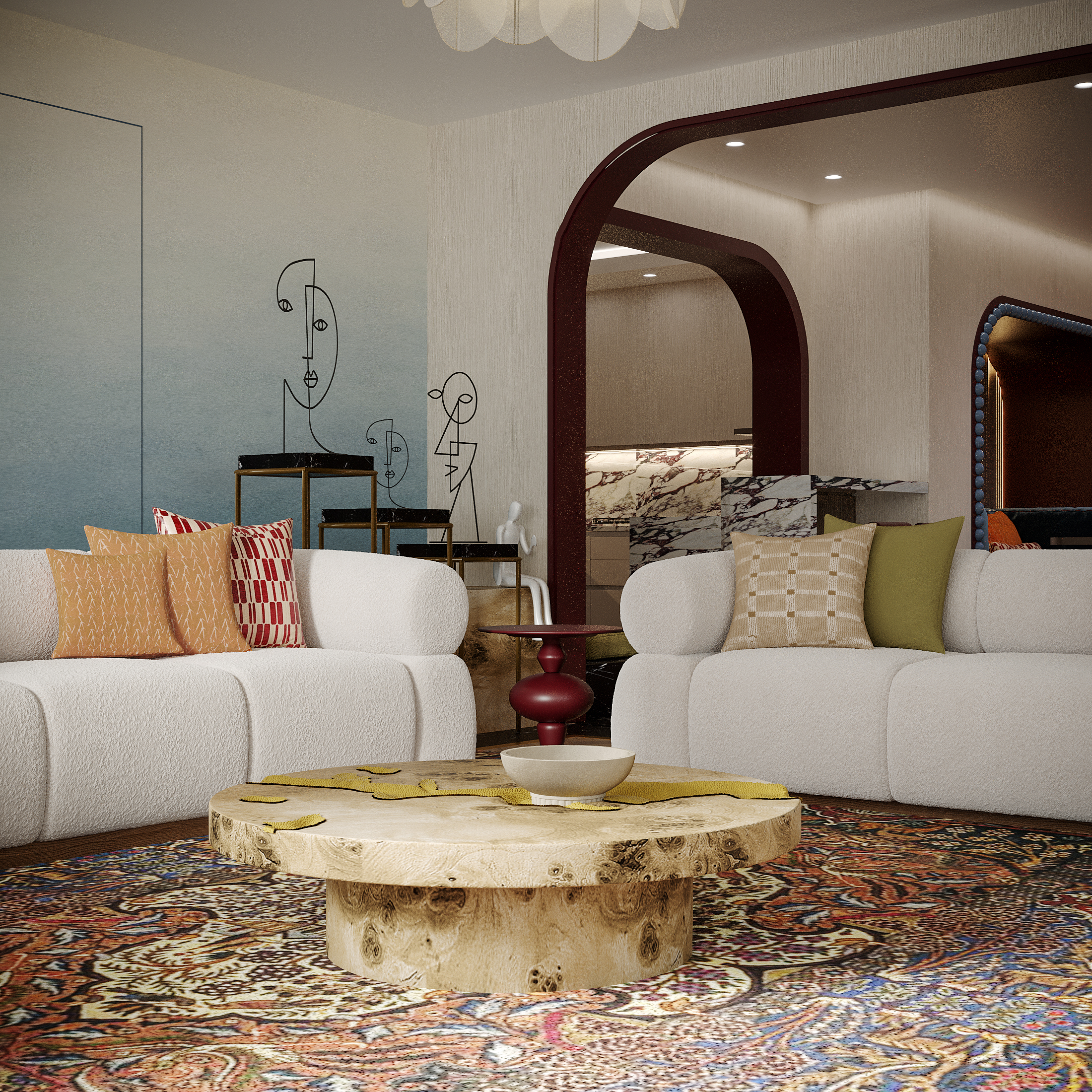Spacious retro-inspired majlis with refined architectural details