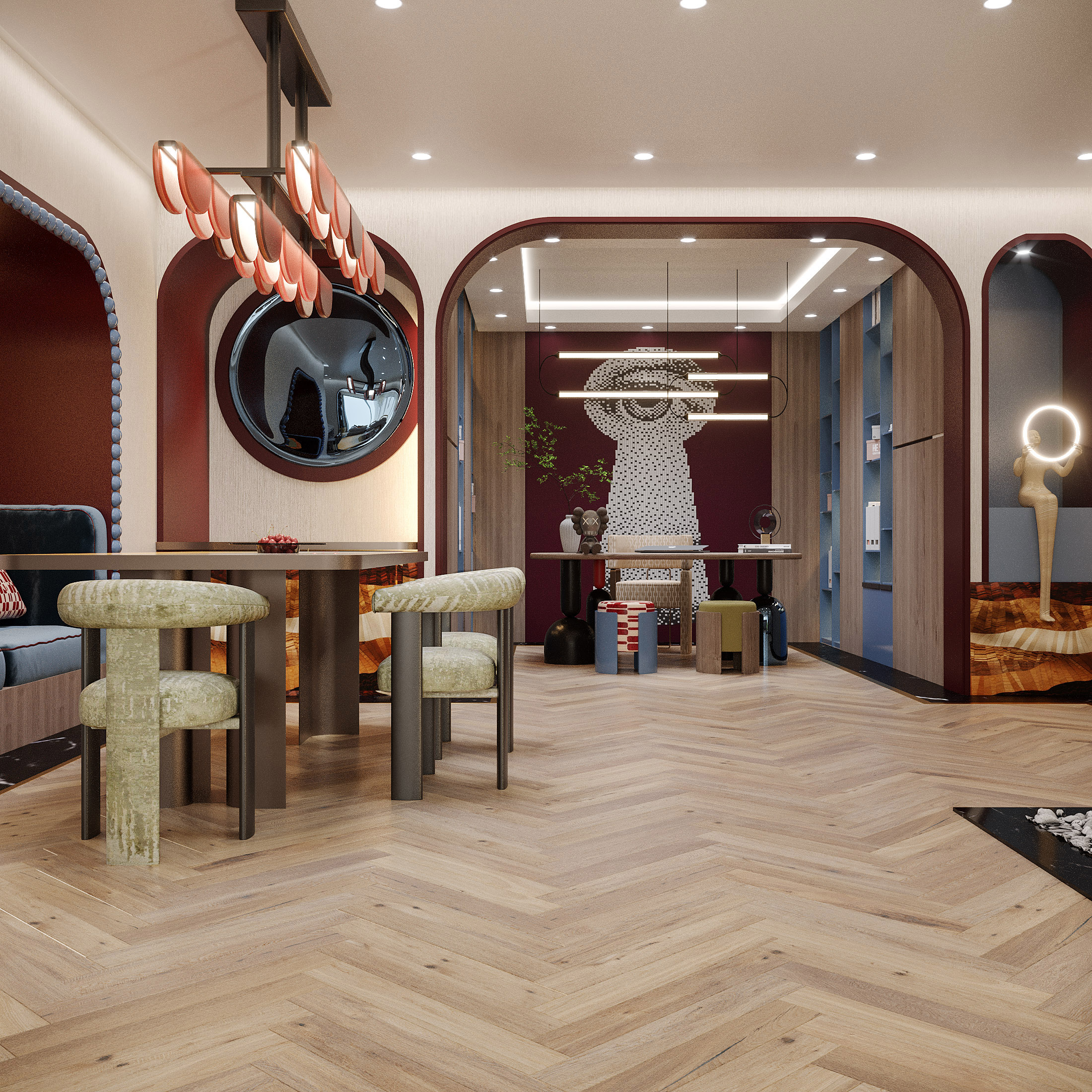 Sophisticated majlis corner designed with retro-inspired aesthetics