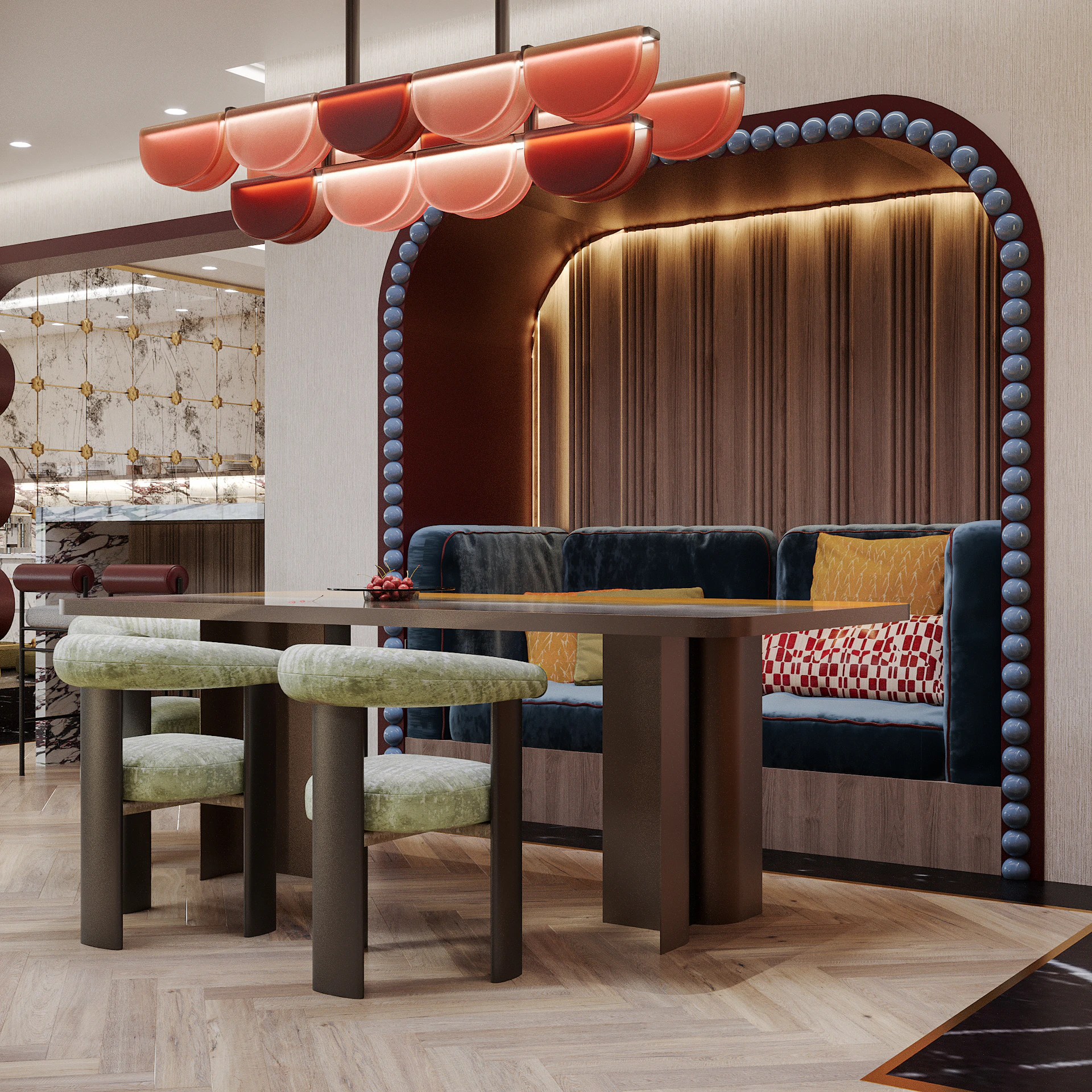 Interior detail of a retro majlis highlighting material contrast