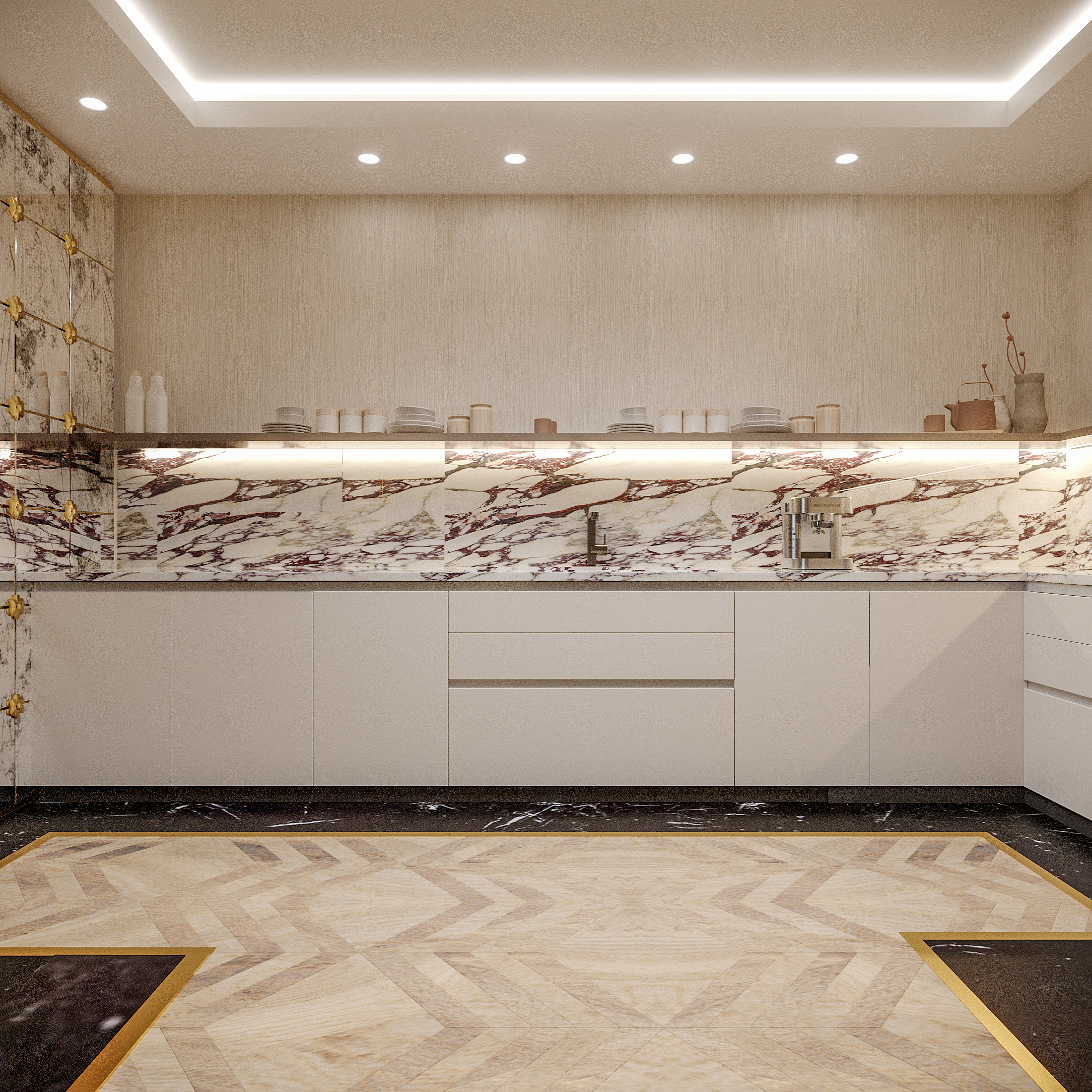 Refined retro majlis showcasing natural materials and soft tones