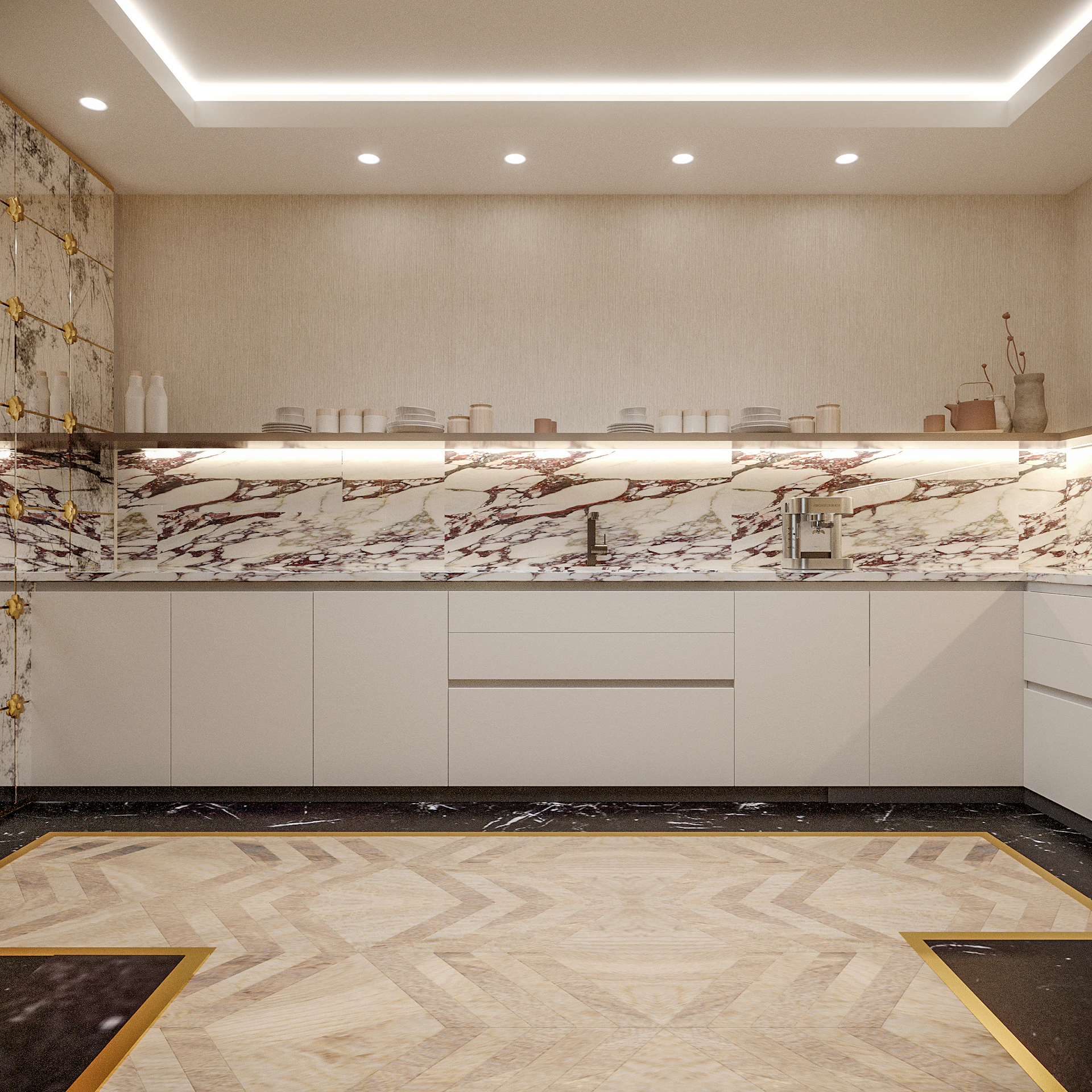 Refined retro majlis showcasing natural materials and soft tones