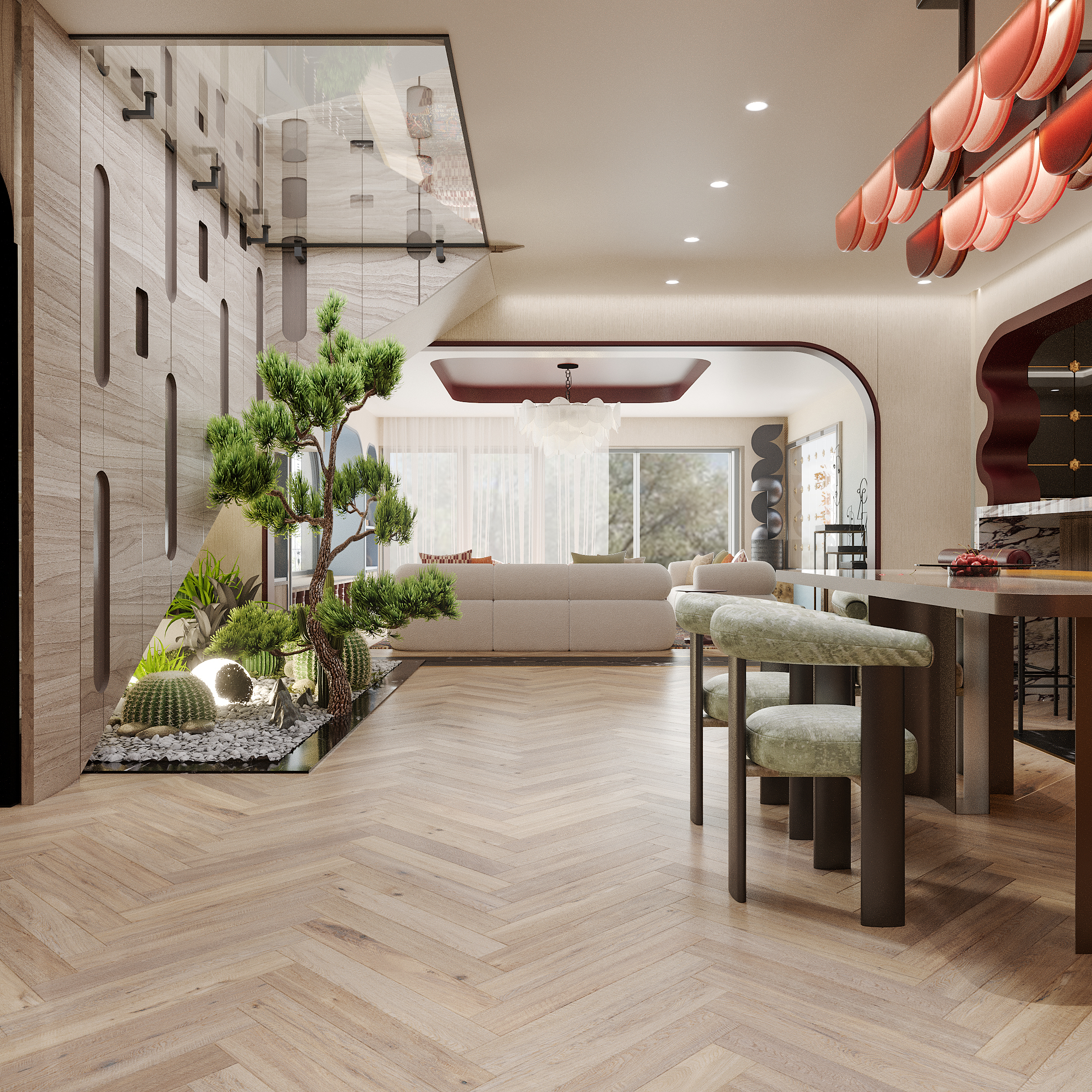 Detailed interior styling of a contemporary retro majlis