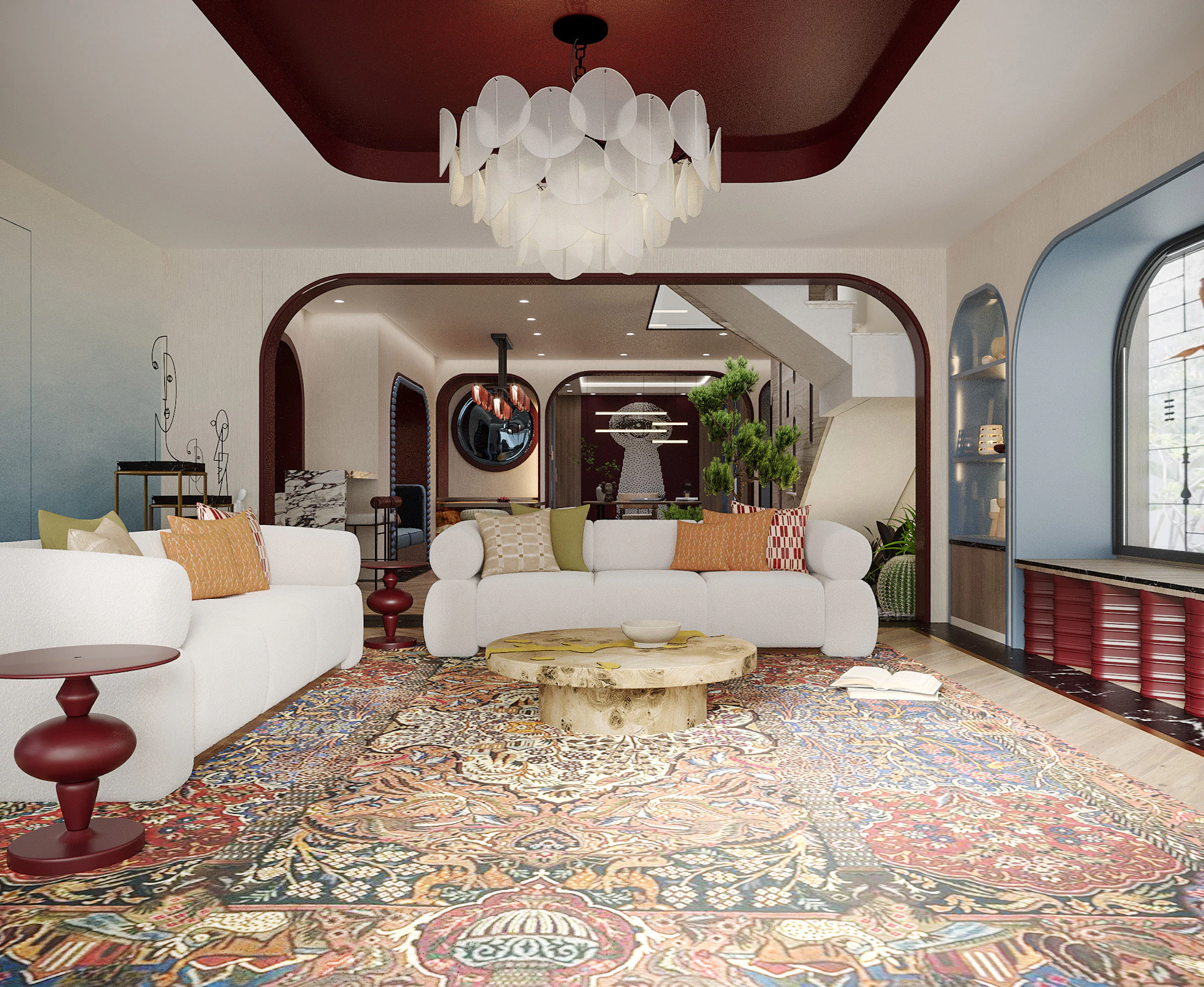 Retro living majlis with warm textures and timeless styling