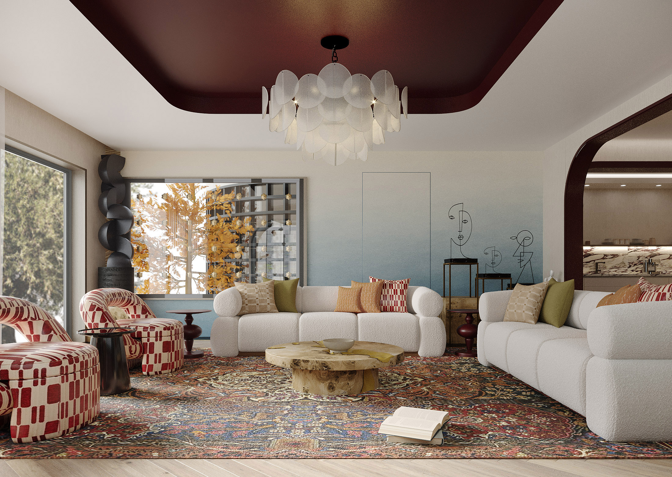 Contemporary retro majlis featuring warm wood finishes and curved seating