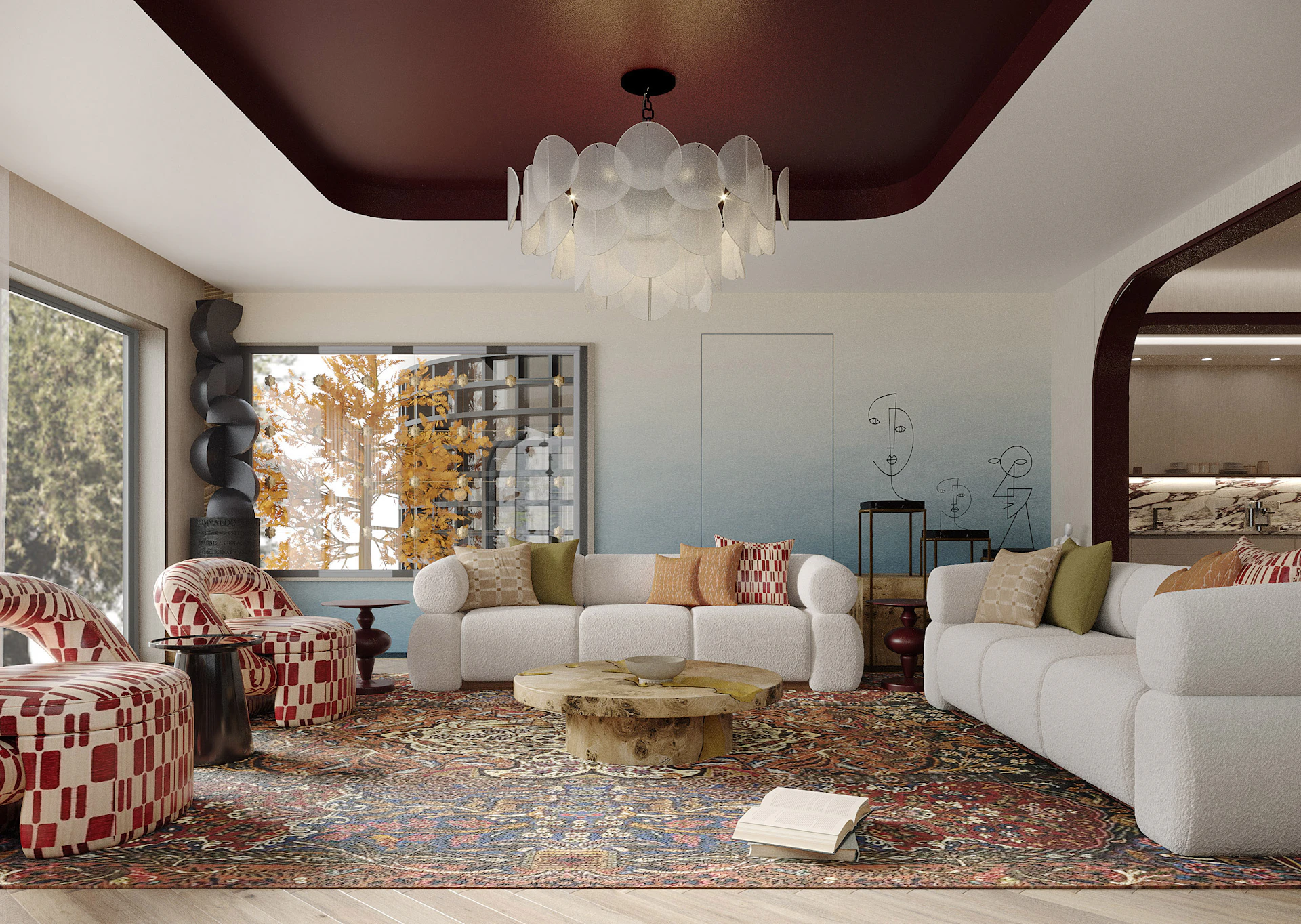 Contemporary retro majlis featuring warm wood finishes and curved seating