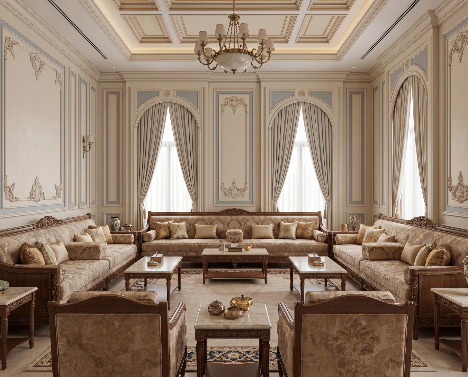 Luxurious New Classic majlis with ornate beige and gold decor, featuring plush sofas, elegant drapery, and an intricate chandelier, exuding a classic and opulent ambiance.