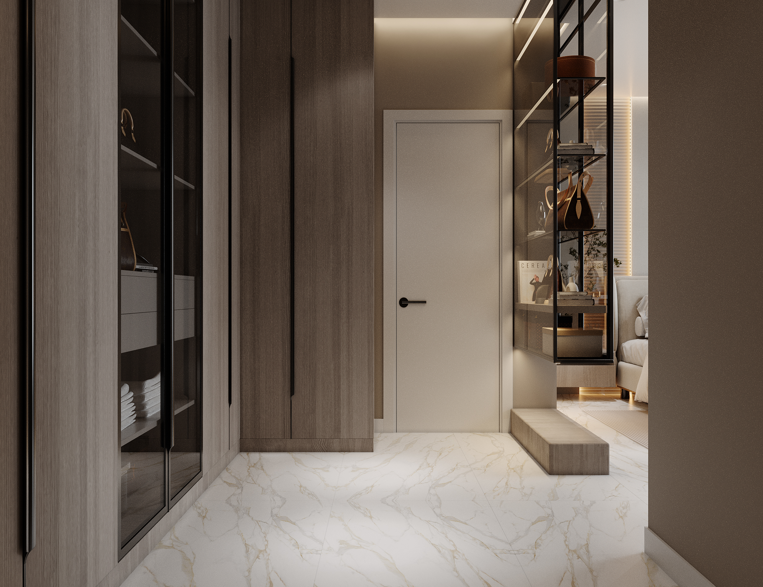 Modern bedroom suite featuring warm tones and contemporary interior details