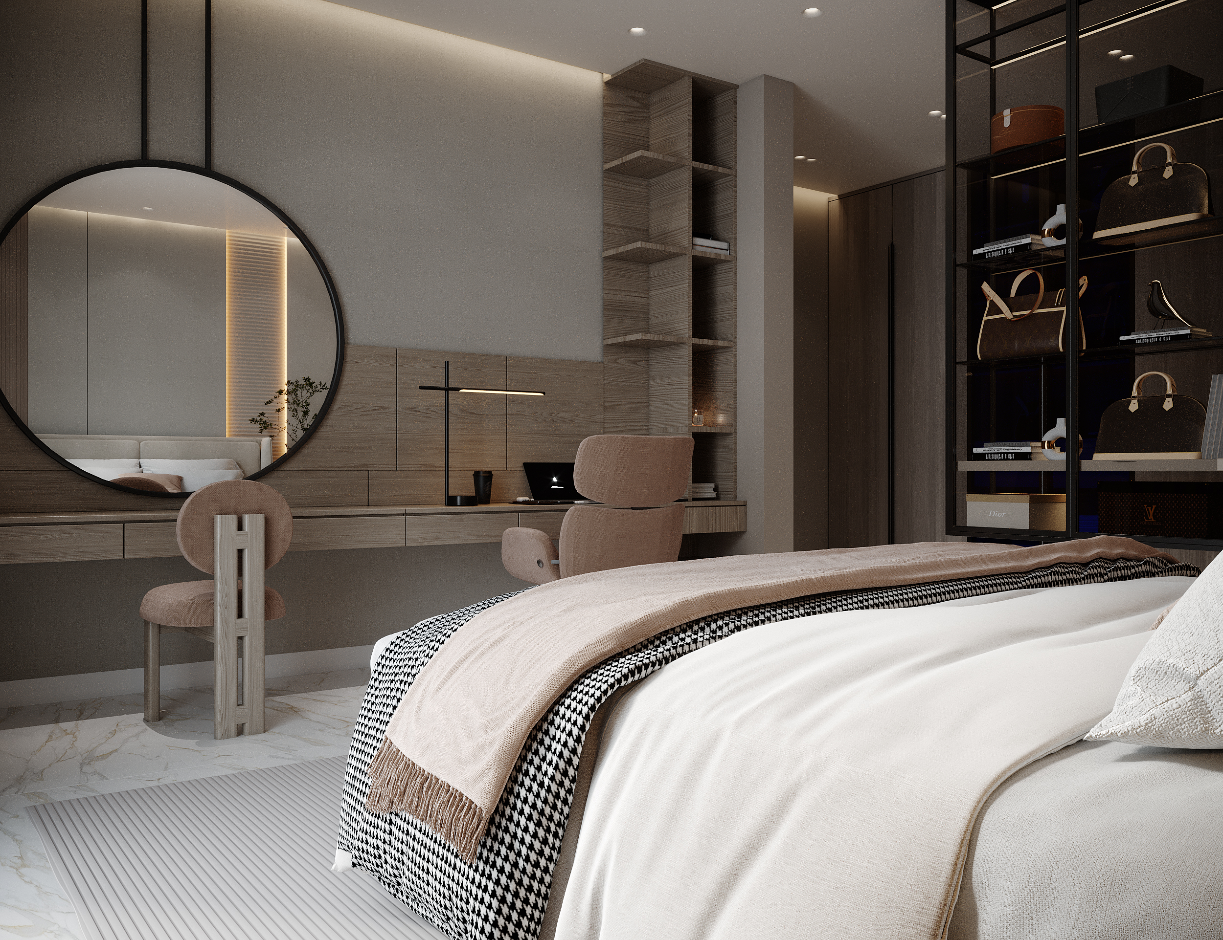 Contemporary bedroom interior with layered textures and refined finishes