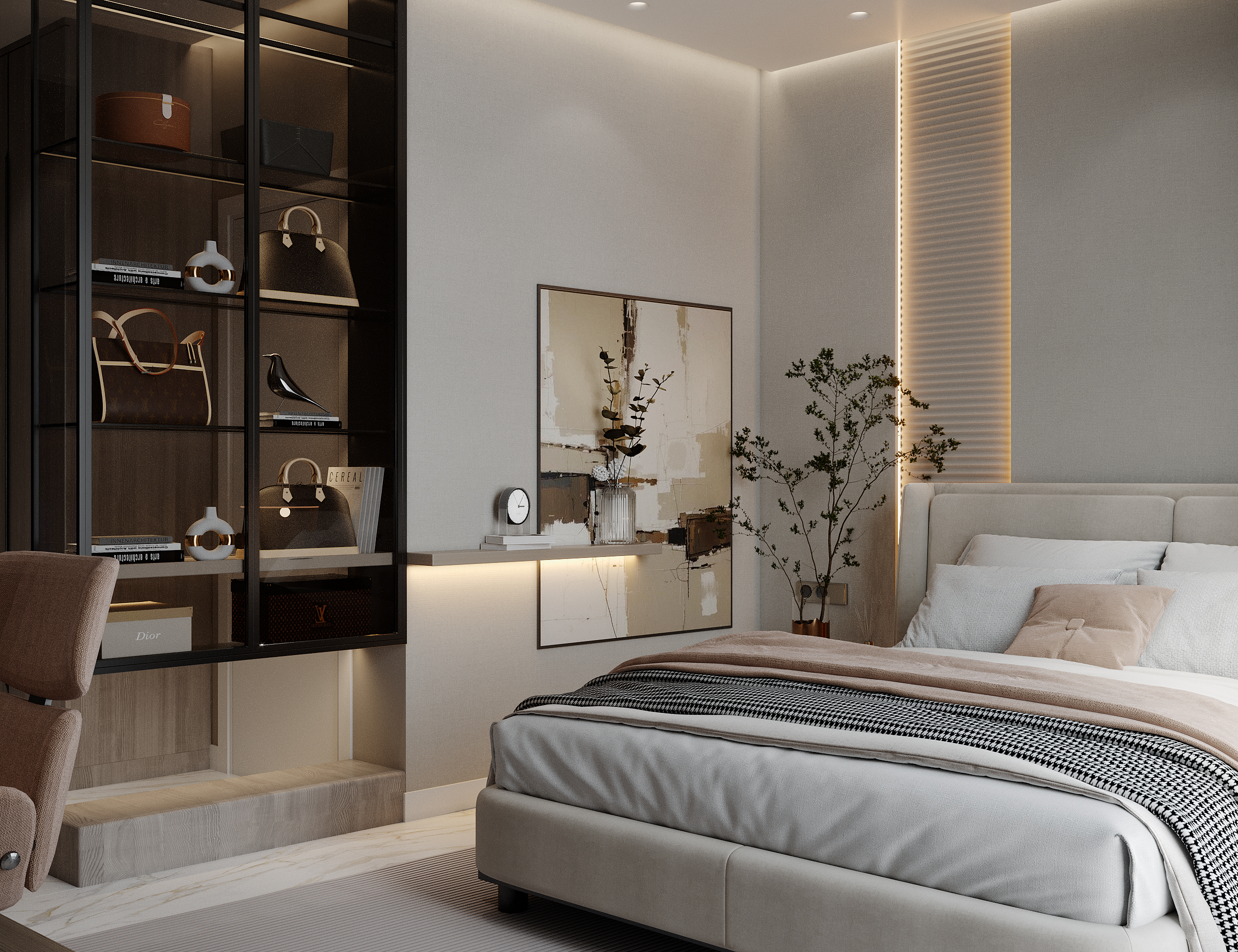 Elegant bedroom suite with custom details and soft lighting