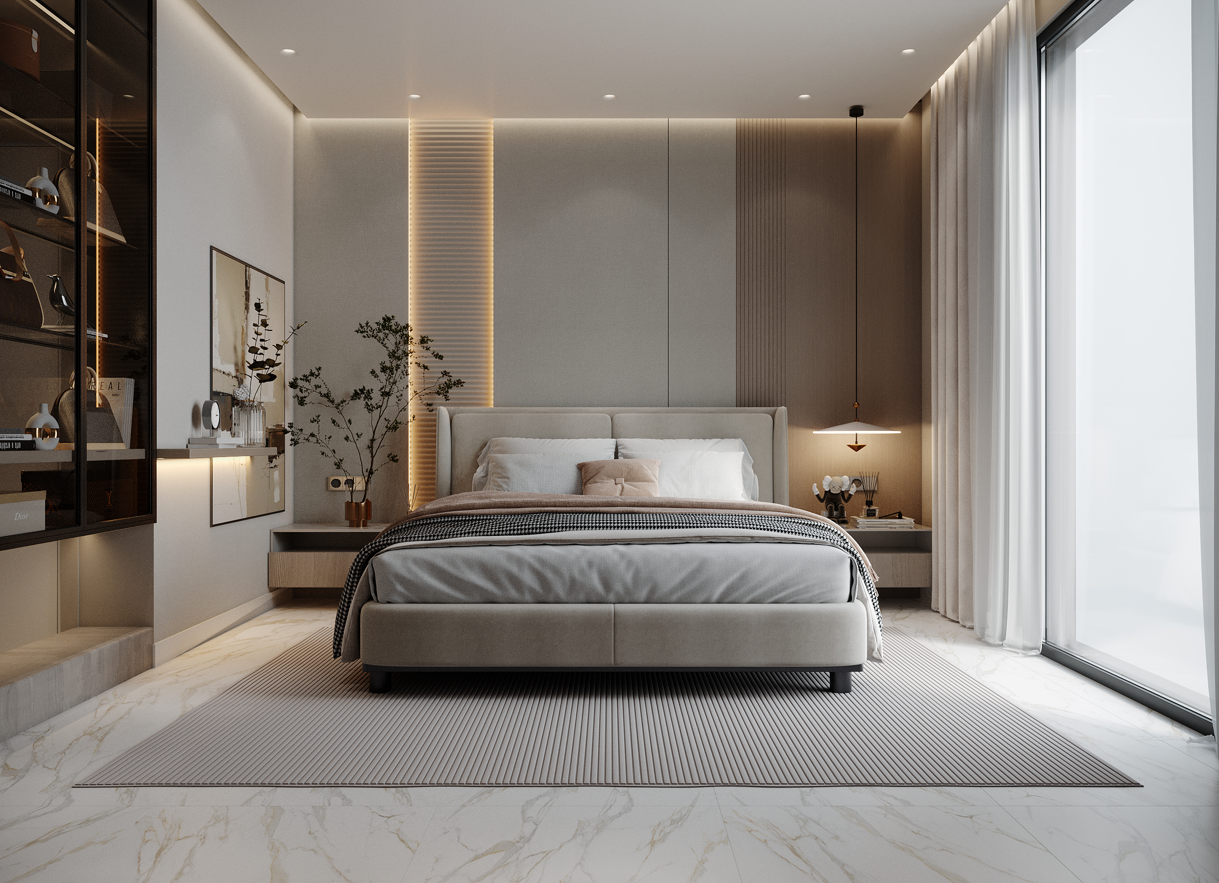 Modern bedroom design combining clean lines and warm materials