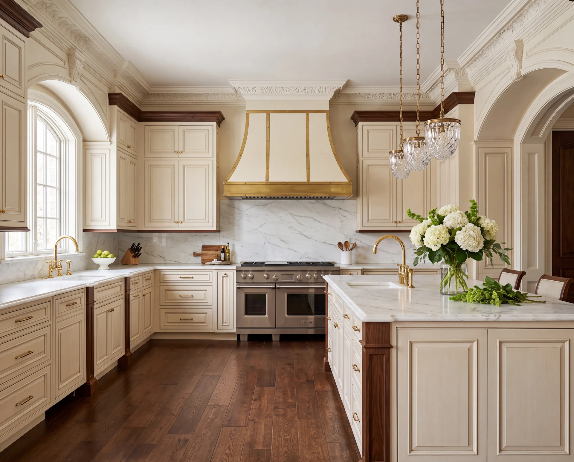 Luxurious classic kitchen featuring cream-colored cabinets, a marble backsplash, a large central island with a vase of white flowers, stainless steel appliances, and elegant gold fixtures and lighting.